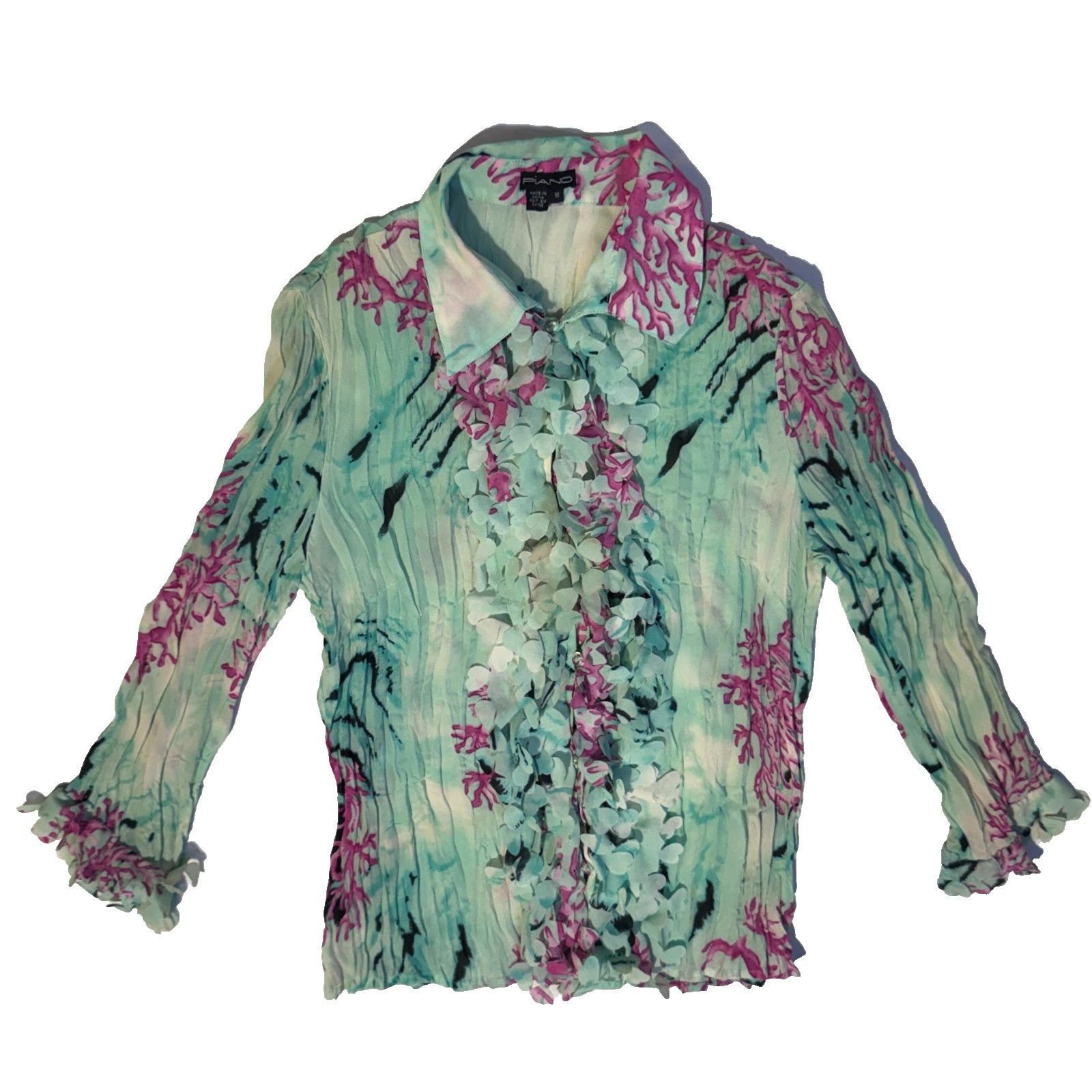 Other Piano Seafoam Green & Pink Floral Ruffle Y2K Sheer Blouse Bu Size M / US 6-8 / IT 42-44 - 1 Thumbnail