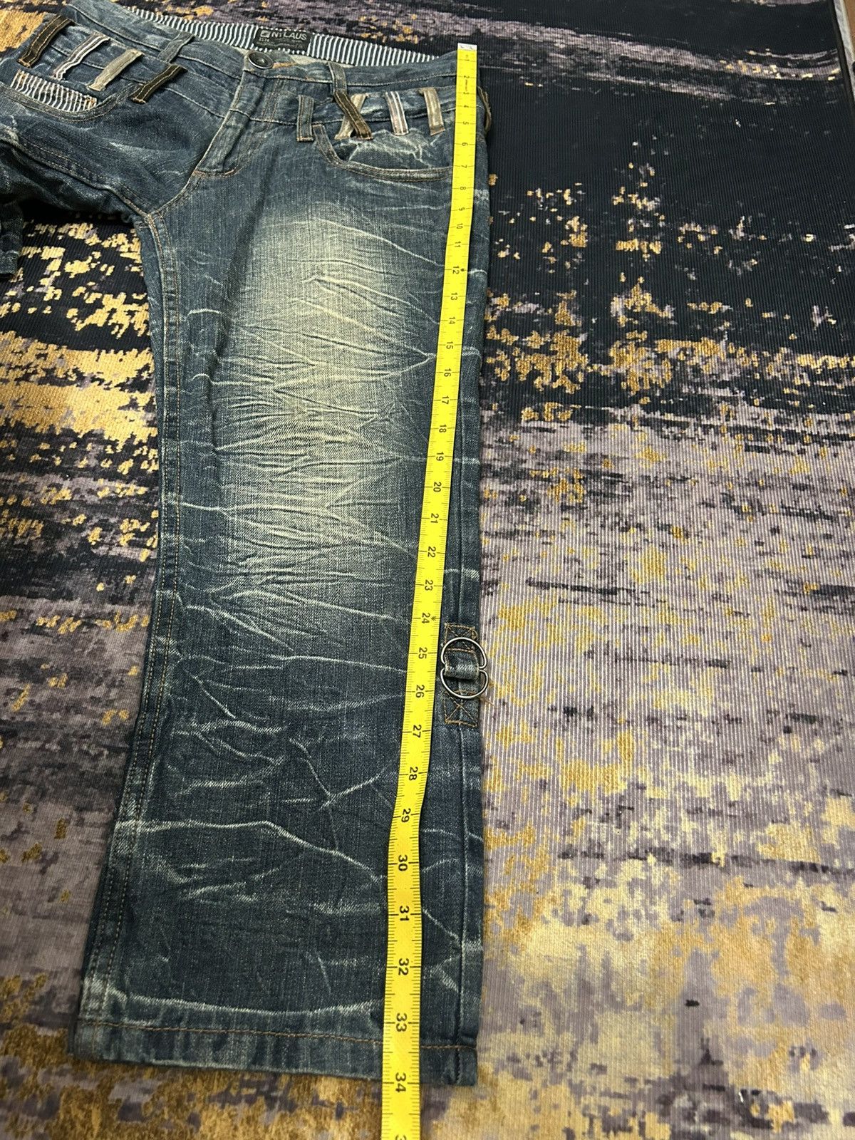 Japanese Brand NYLAUS Doublle Waist Mud Claw Mark Cropped Jeans Size US 31 - 22 Thumbnail