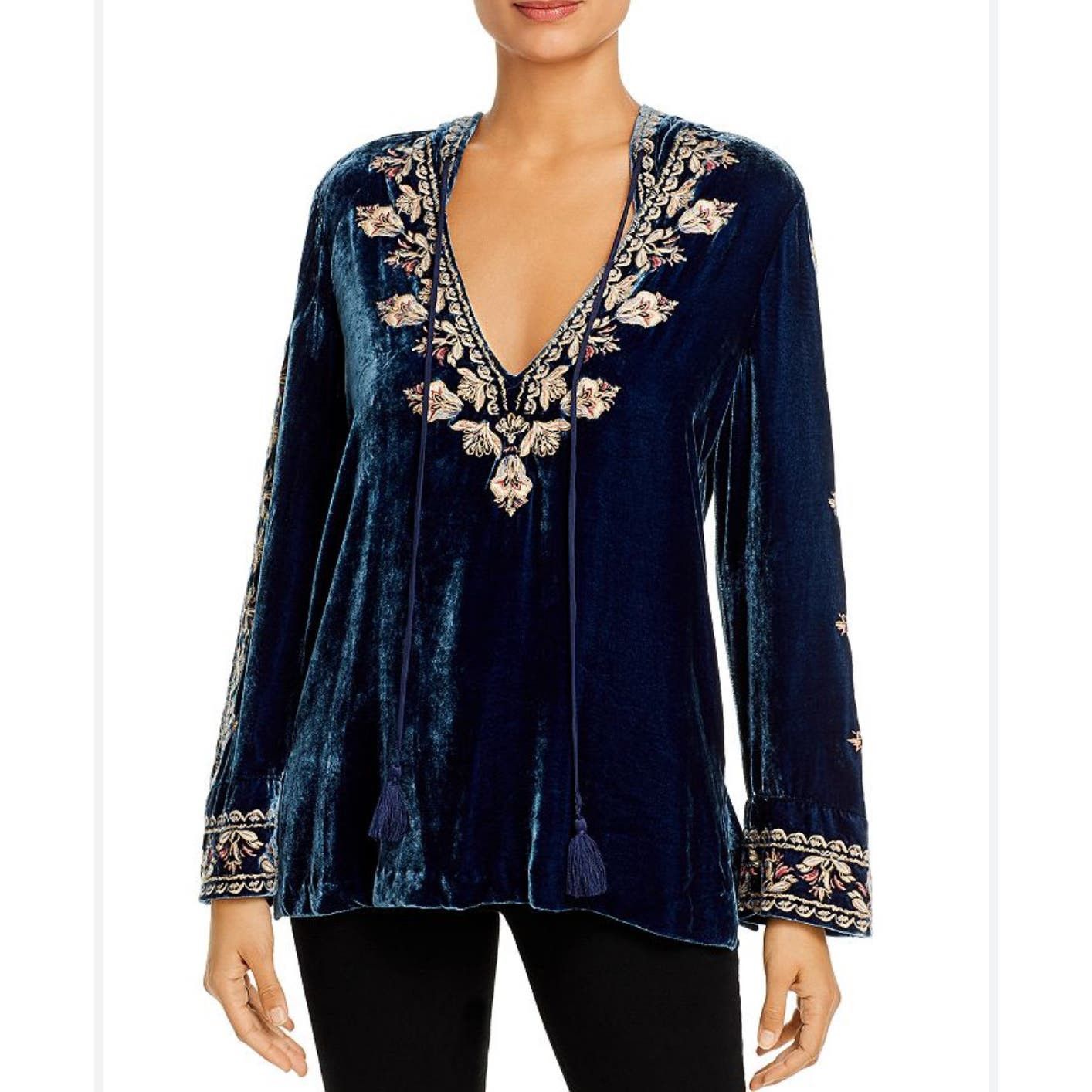 image of $400 Johnny Was Emi Velvet Embroidered Hooded Tunic in Blue, Women's (Size Small)