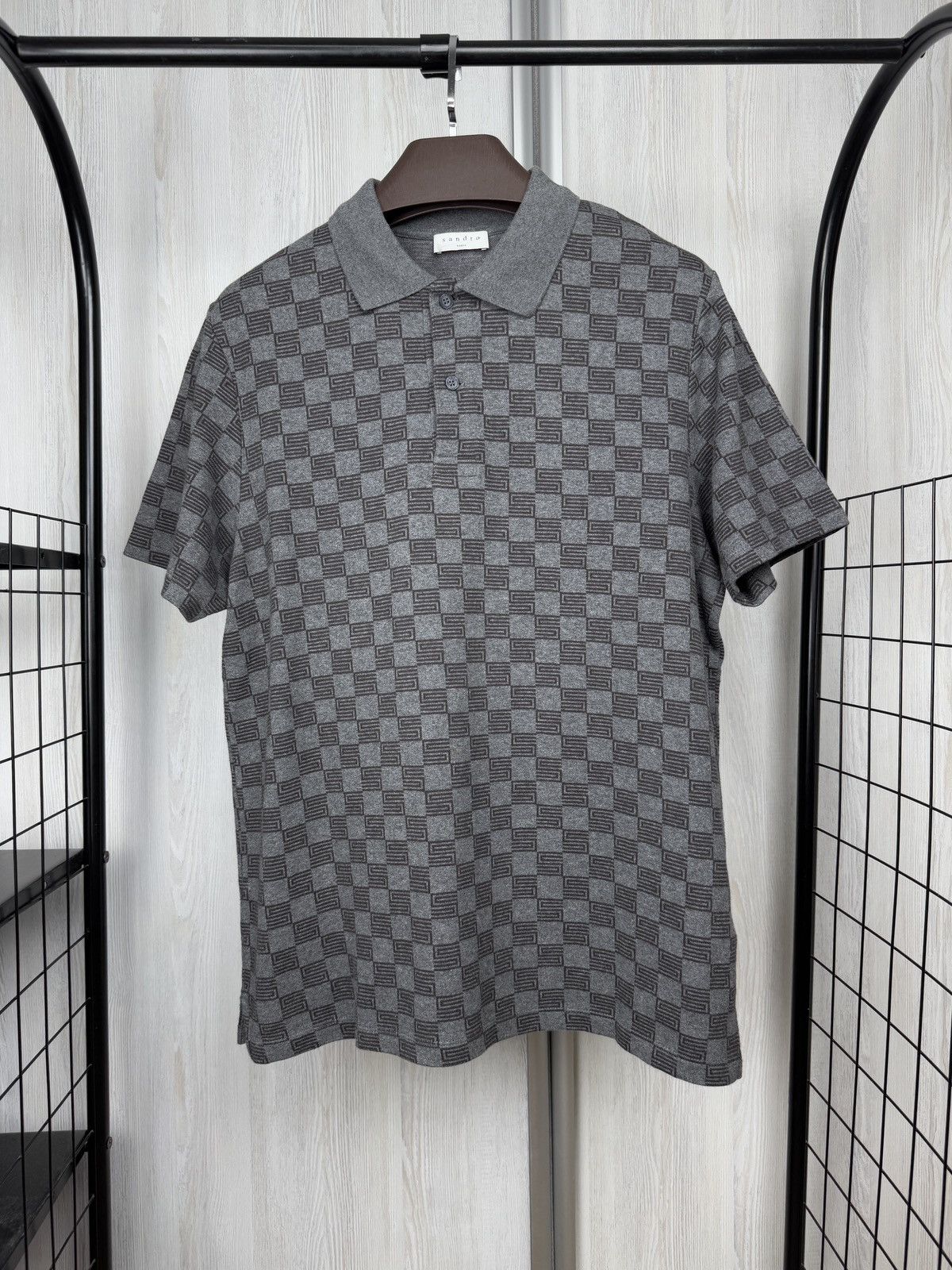 Sandro Sandro Grey Check Print Cotton Pique Polo T-Shirt L-XL Size US XL / EU 56 / 4 - 2 Thumbnail