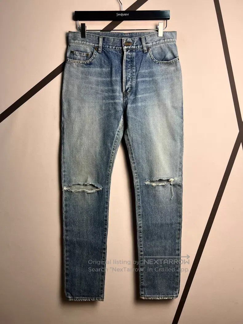 Saint Laurent Paris Saint Laurent Paris Water-Washed Blue Patchwork Ripped Den Size US 31 - 1 Thumbnail