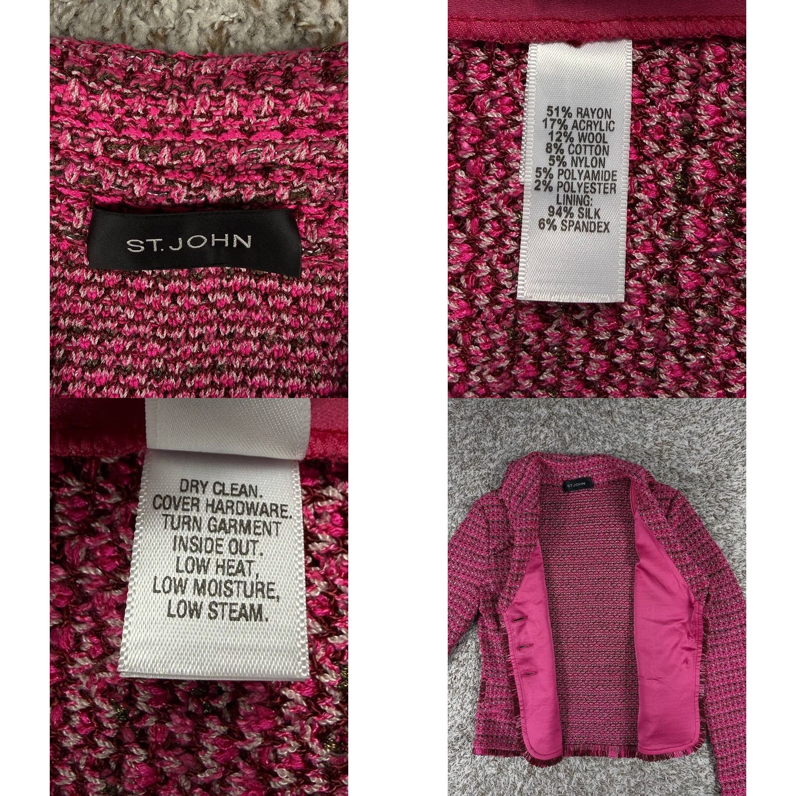 St. John St. John Collection Blazer Jacket Sz S Pink Bouclé Knit Fringe Trim Gold Buttons Women Size S / US 4 / IT 40 - 8 Thumbnail