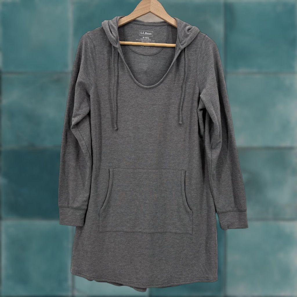Vintage L.L.Bean Hoodie Tunic Womens M Gray Long Sleeve Kangaroo Pocket Jersey Knit Scoop Neck Pullover Lightweight Relaxed Neckline Size M / US 6-8 / IT 42-44 - 1 Thumbnail