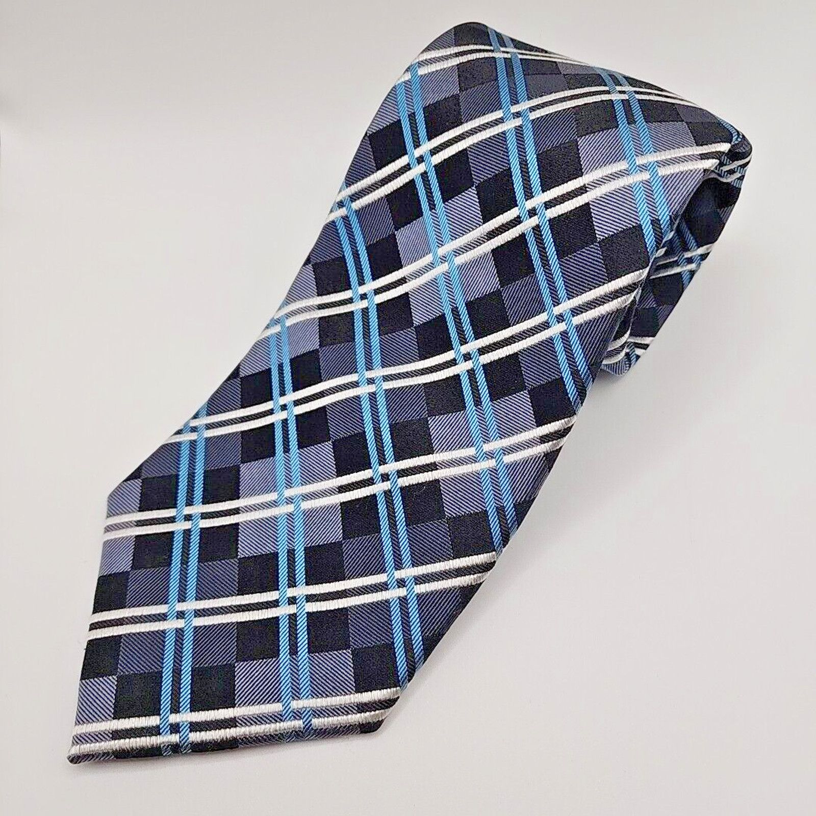Geoffrey Beene Geoffery Beene Blue-Silver Plaid Silk Tie Necktie - Like New Size ONE SIZE - 4 Thumbnail