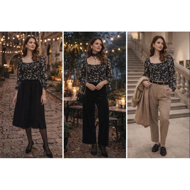 Other All In Favor Women’s Smocked Floral Blouse Black M Ruched Co Size M / US 6-8 / IT 42-44 - 1 Thumbnail