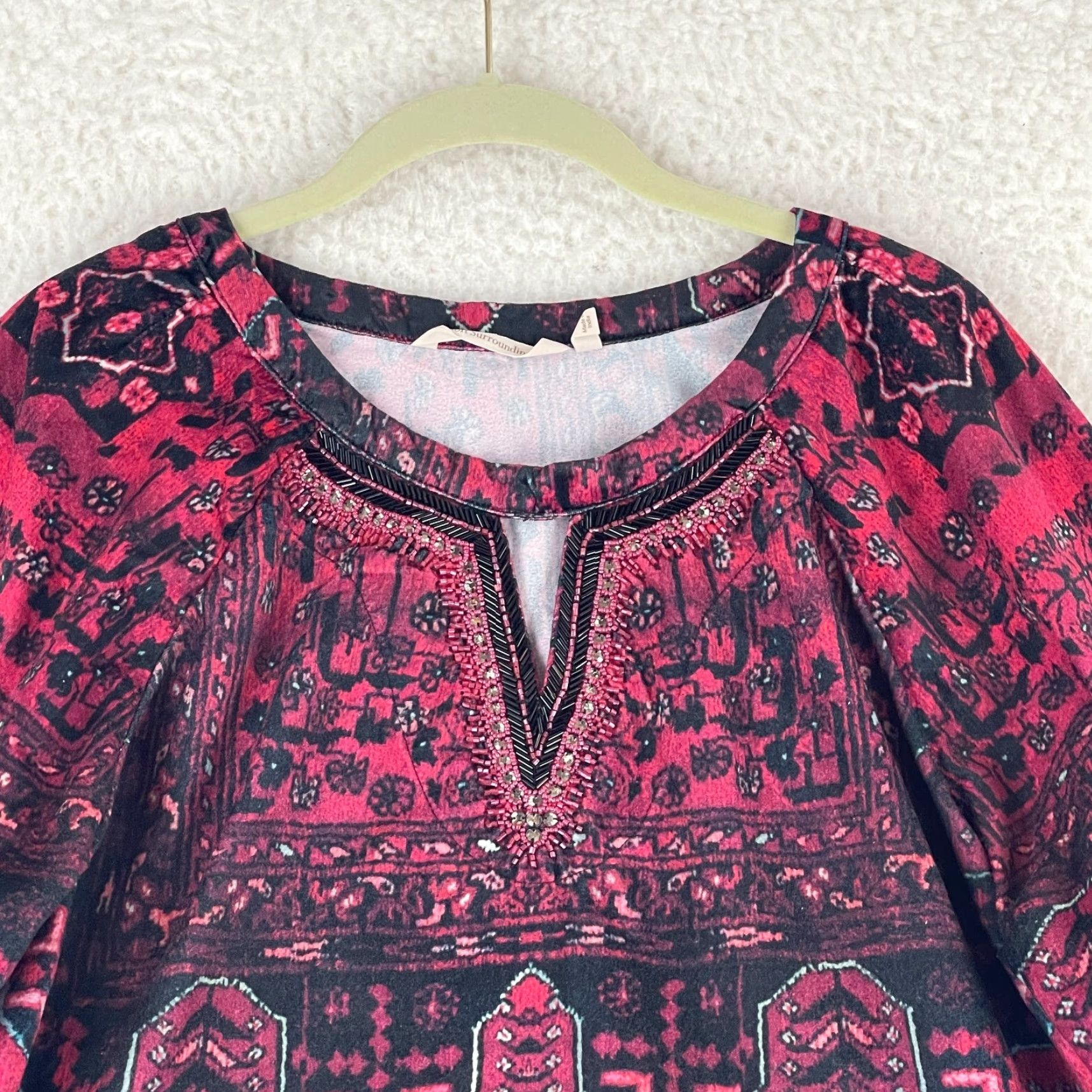 Soft Surroundings Soft Surroundings Tunic Shirt Womens Large Red Geometric Long Sleeve Pullover V-Neck Size L / US 10 / IT 46 - 3 Thumbnail