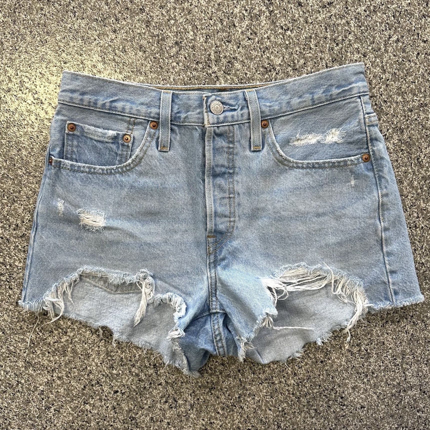 Levi's Levi's 501 Denim Short - Womens 6 Distressed Cut-Off Hem Jeans 29" Waist Blue Denim Cotton High Rise 5-Pocket Style Casual Seasonal Mens Girls Size 28" / US 6 / IT 42 - 2 Thumbnail