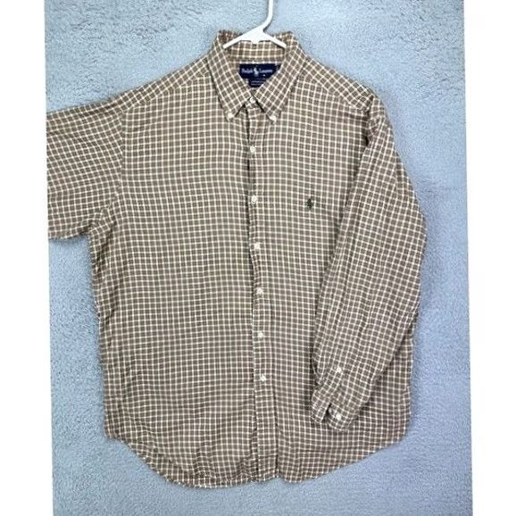 Ralph Lauren VINTAGE Ralph Lauren Shirt Mens Dress Shirt Plaid Button-Down 16 32-33 Tan Yarmouth Pony Size 42R - 3 Thumbnail