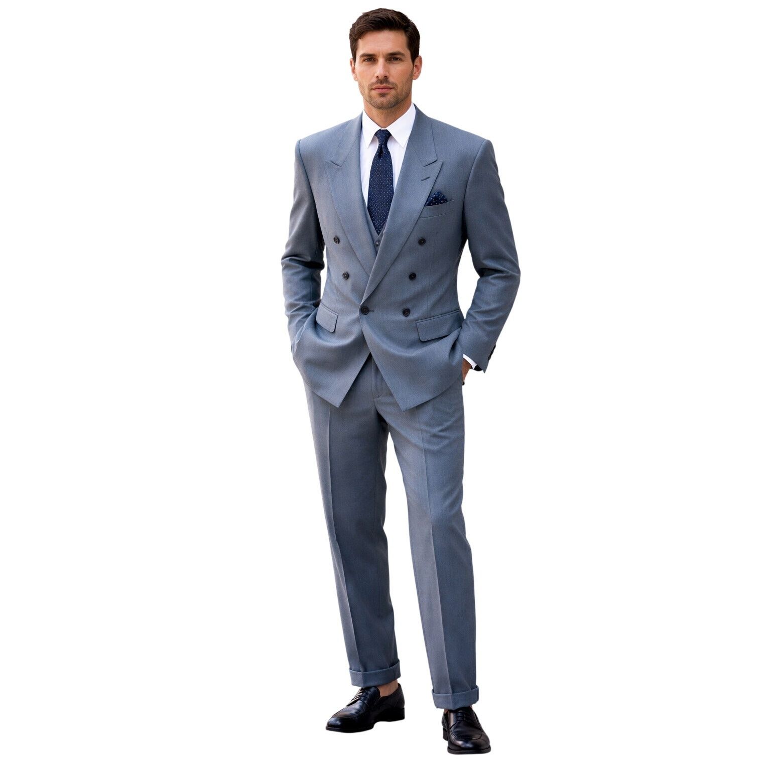 Albert Nipon Vintage Albert Nipon Blue-Gray Double Breasted Wool Suit 37R Size 36R - 1 Thumbnail