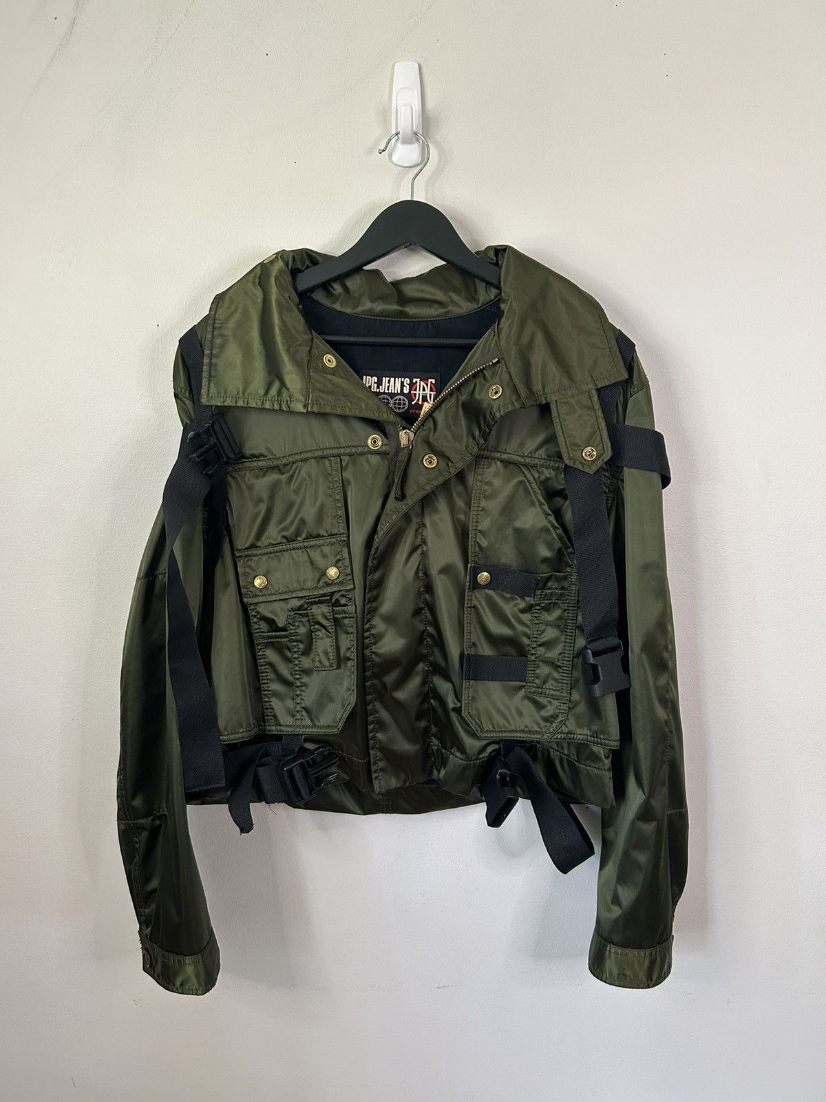 image of Jean Paul Gaultier Aw2003-04 Green Nylon Hooded Parachute Bondage Bomber, Men's (Size Small)