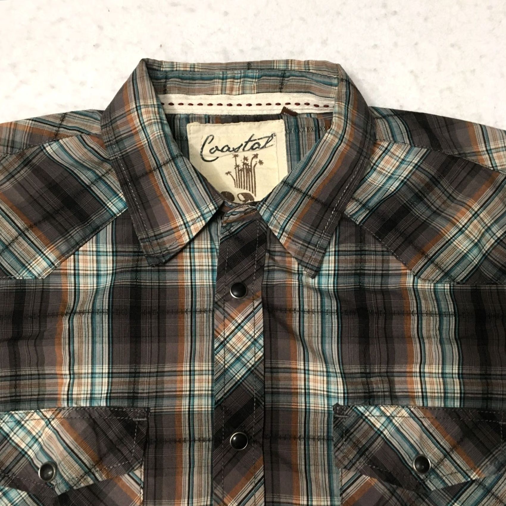 Vintage Coastal Men's Medium Western Shirt Gray Blue Plaid Pearl Snap Blend Size US M / EU 48-50 / 2 - 2 Thumbnail