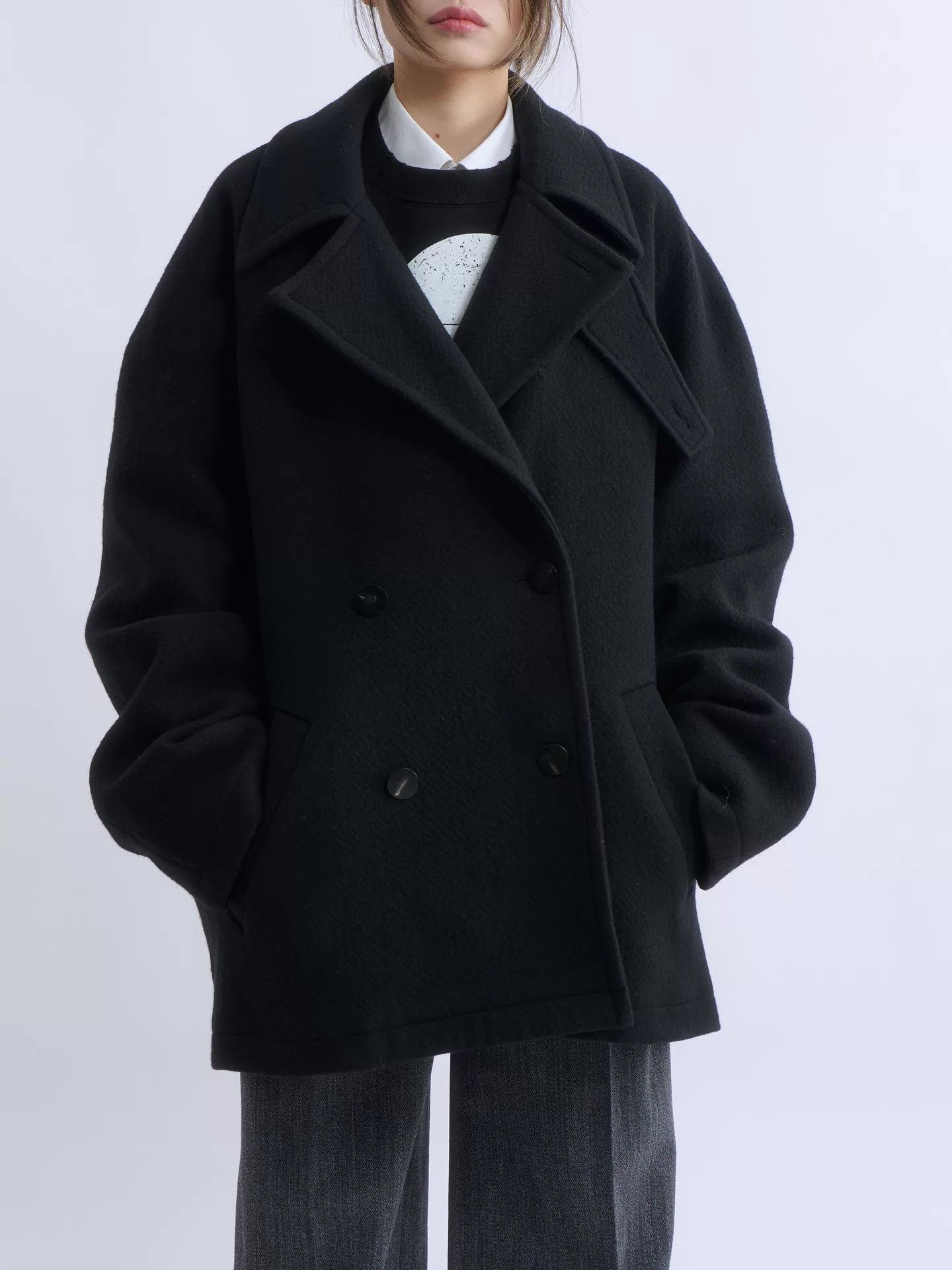 Structure STRUCTURA black boxy double-breasted wool short pea coat Size M / US 6-8 / IT 42-44 - 2 Thumbnail