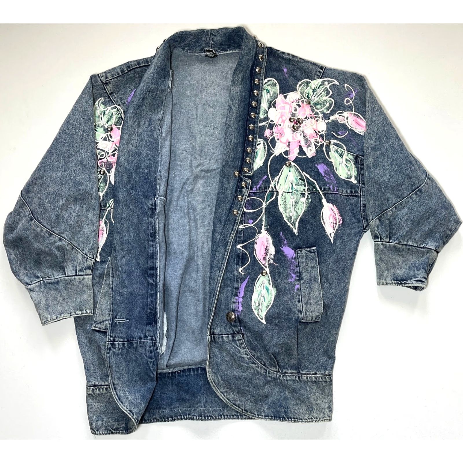 Denime VINTAGE Women's Denim Jacket Americana 80s Floral Blue Size L Jacket Womens 80s Americana Floral Denim Pockets Size L / US 10 / IT 46 - 6 Thumbnail
