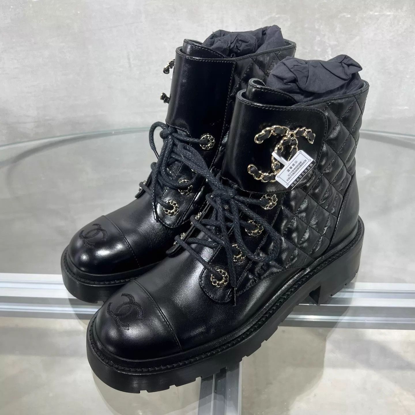 Chanel Chanel women's black CC quilted short boots Size US 5.5 / IT 35.5 - 2 Thumbnail