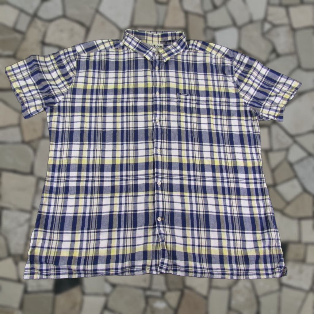 VINTAGE Barbour Shirt Men XL Short Sleeve Plaid Linen Cotton Blue