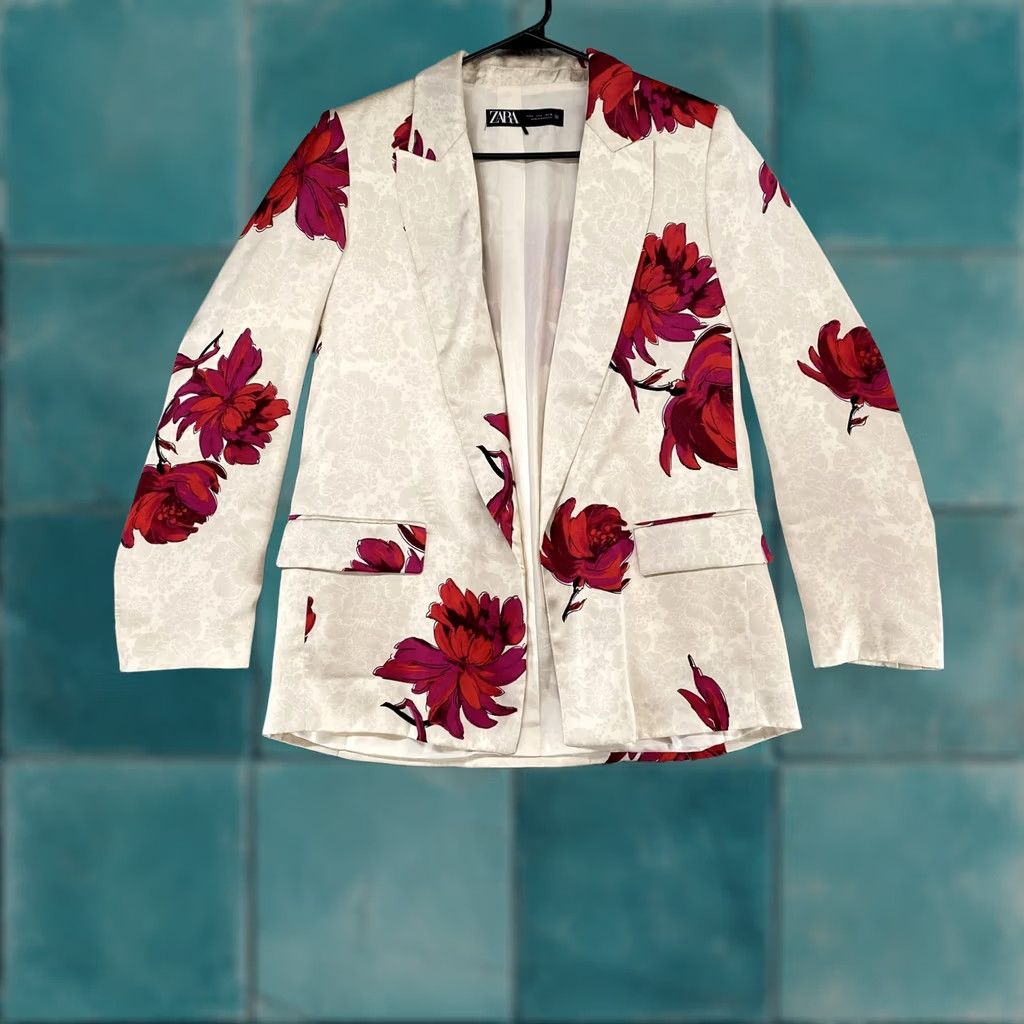 Zara Zara Floral Print Satin Effect Blazer Womens Large Cream Pink Open Front Jacket Size L / US 10 / IT 46 - 1 Thumbnail