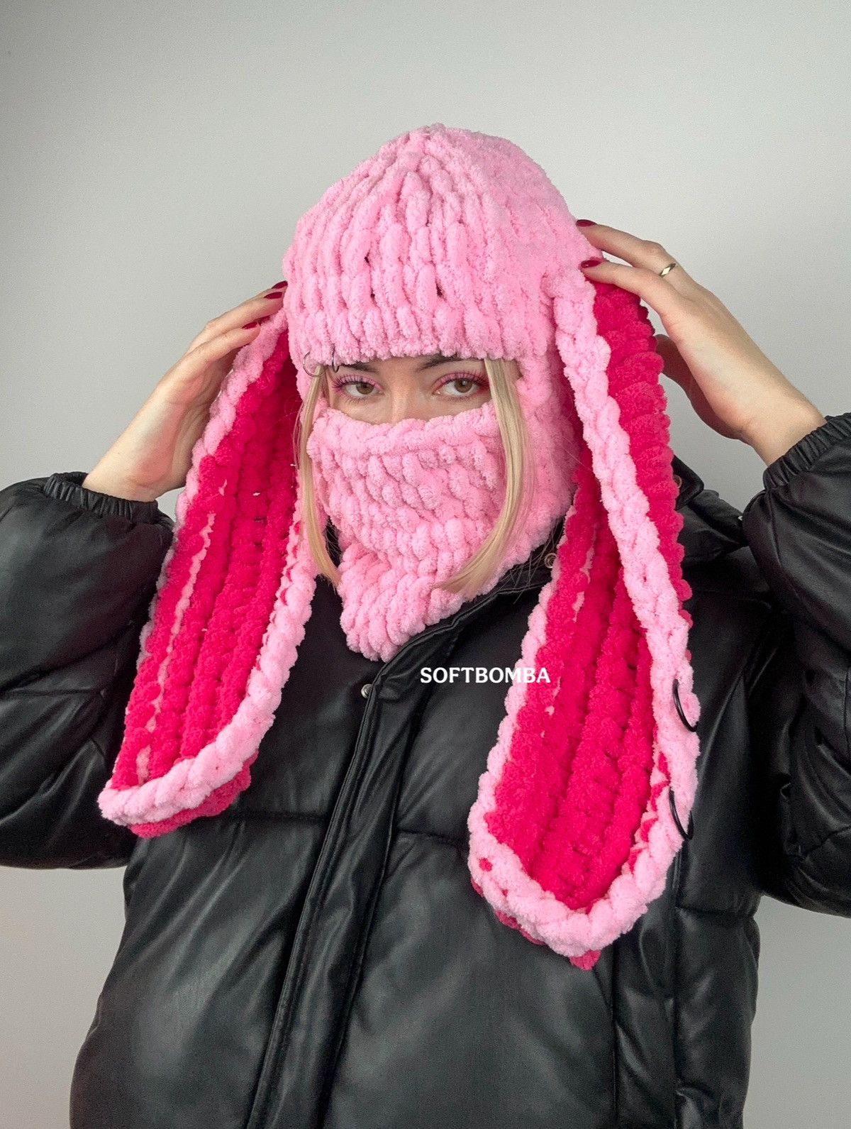 Handmade Bunny balaclava with ears . Pink beanie bunny. Ski mask Size ONE SIZE - 3 Thumbnail