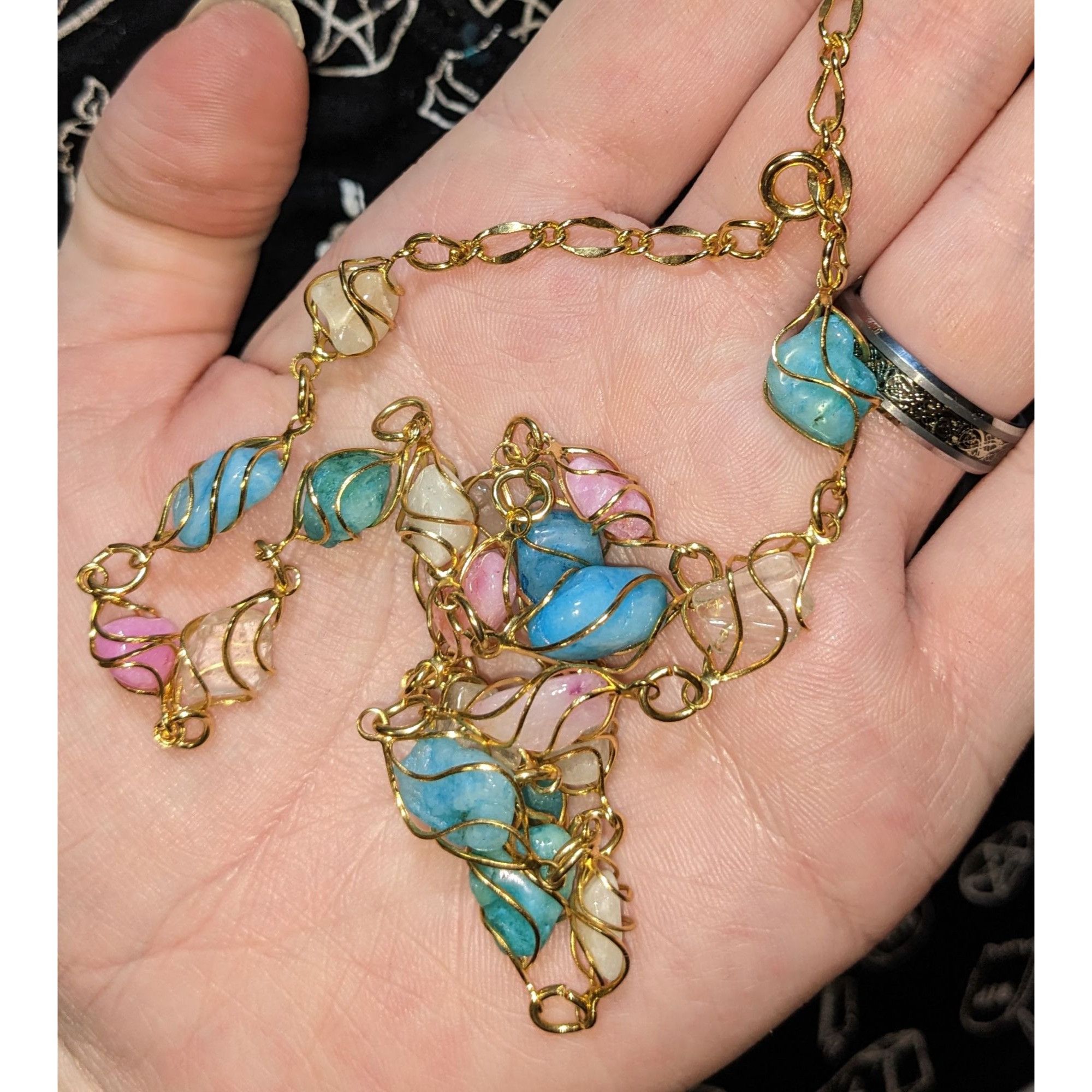 Other Whimsical Wire-Wrapped Pastel Gemstone Necklace With Gold-To Size ONE SIZE - 2 Thumbnail