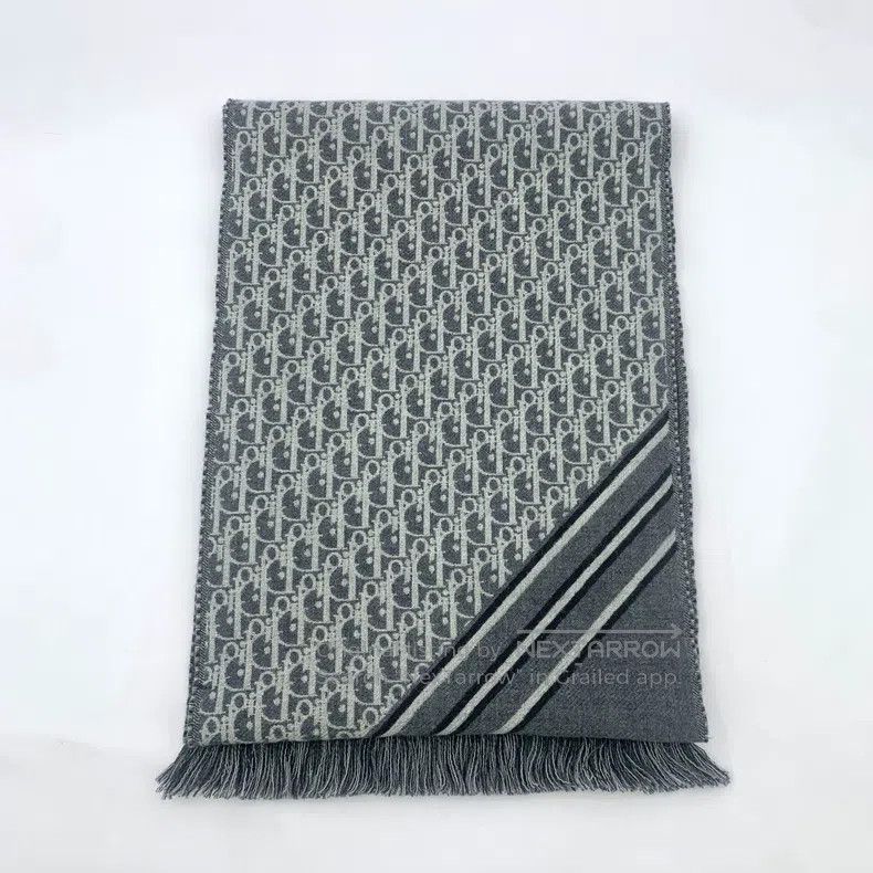 Dior Dior Gray logo jacquard full print sheep wool tassel scarf Size ONE SIZE - 2 Thumbnail