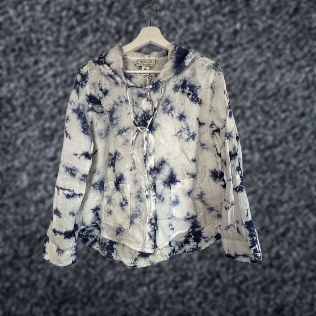 Rachel Zoe Rachel Zoe Womens Blue & White Tie-Dye Linen Hooded Button-Up Shirt Small New Size S / US 4 / IT 40 - 1 Thumbnail