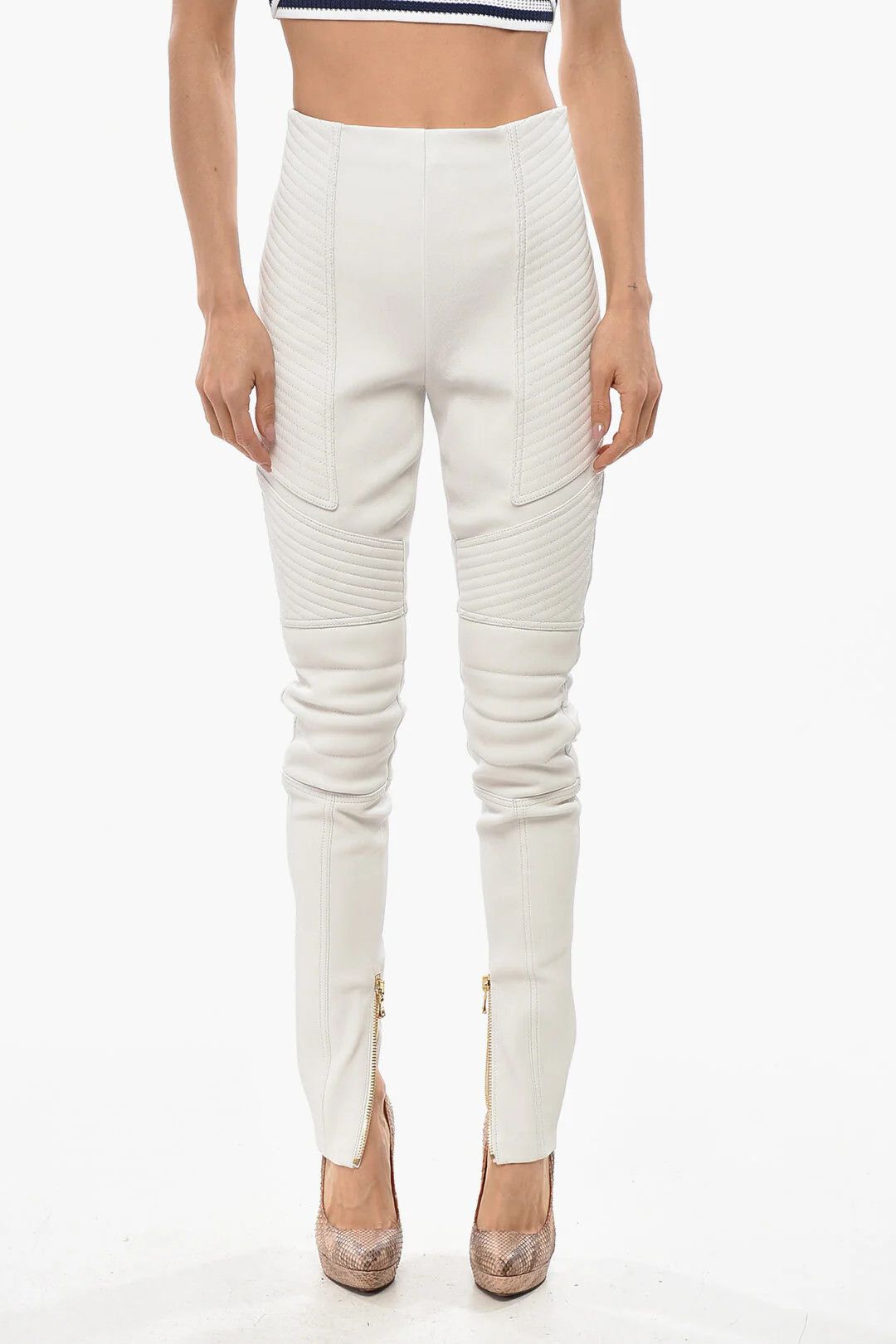 Balmain og1mm0326 Leather Skinny-Fit Biker Pant in White Size 26" / US 2 / IT 38 - 1 Thumbnail