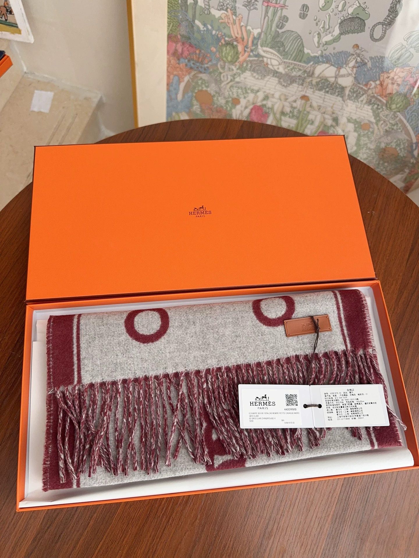 Hermes Hermes Casaque Mors cashmere light gray/Hermes red 30x160cm Size ONE SIZE - 1 Thumbnail