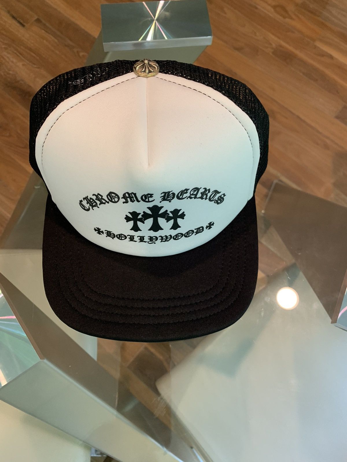 image of Chrome Hearts Chrome Heart Three Crosses Trucker Hat in Black/White, Men's
