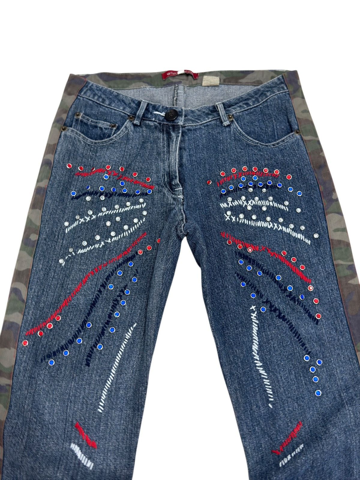 If Six Was Nine FLARED WINK WINK COLOURFUL STUDDED CAMO STRIPED JEANS Size US 28 / EU 44 - 3 Thumbnail