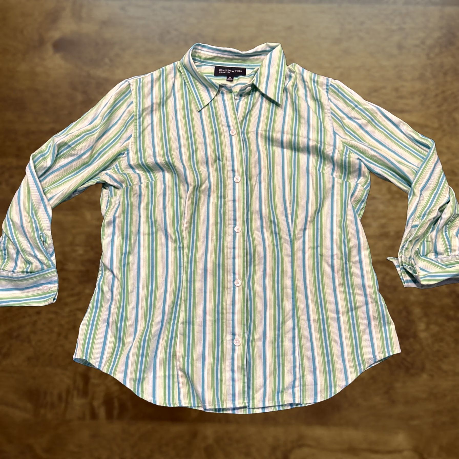 Jones New York Jones New York Womans M Striped 100% Cotton Button Up Top Blouse Blue Green A1 Size M / US 6-8 / IT 42-44 - 1 Thumbnail