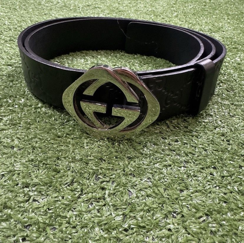 Gucci Authentic Gucci Black Monogram Leather Silver Belt 105/42 Size 42 - 4 Thumbnail