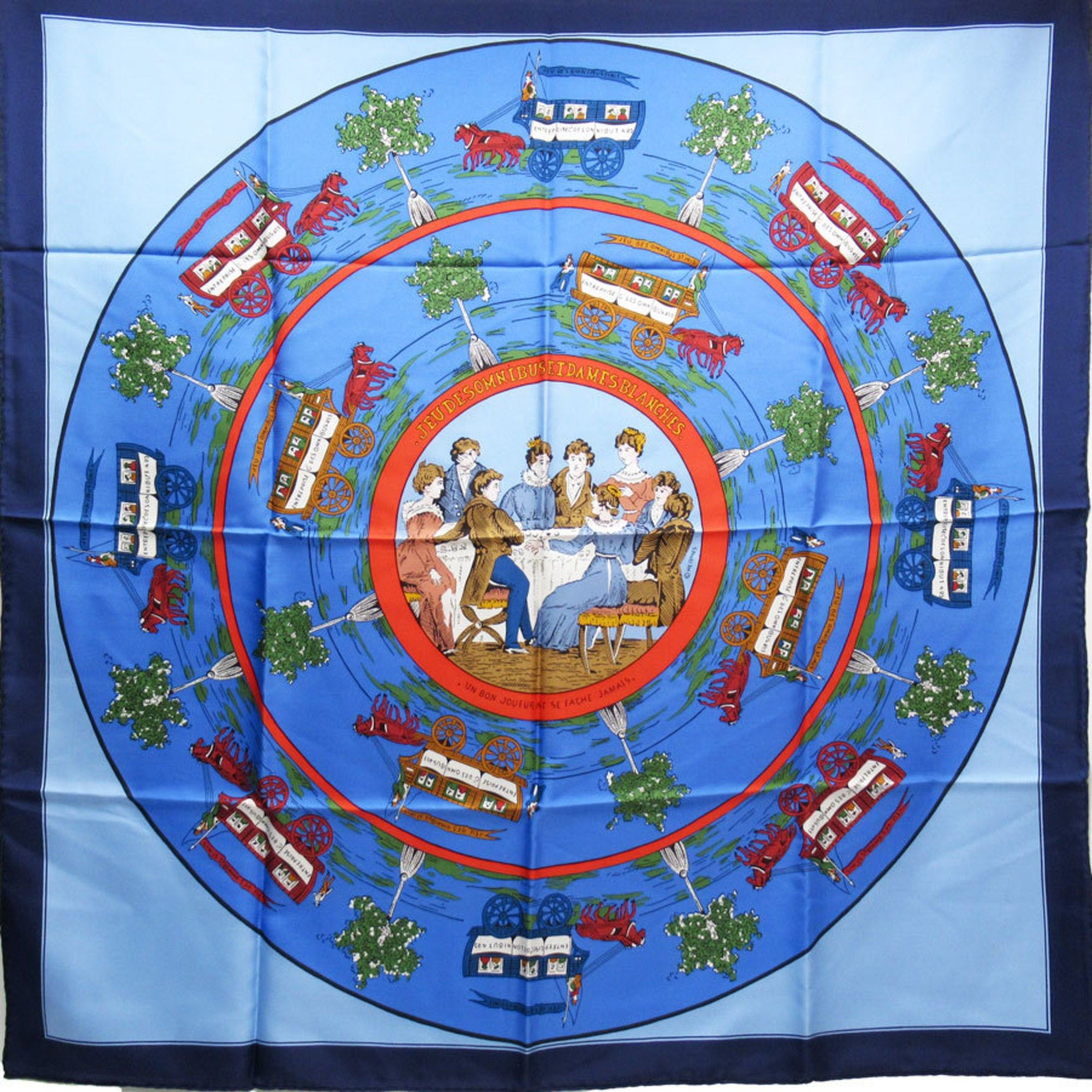 image of Hermes Scarf Carre 90 Jeu Des Omnibus Et Dames Blanches Omnibus And Lady's Game Blue 100% Silk in B