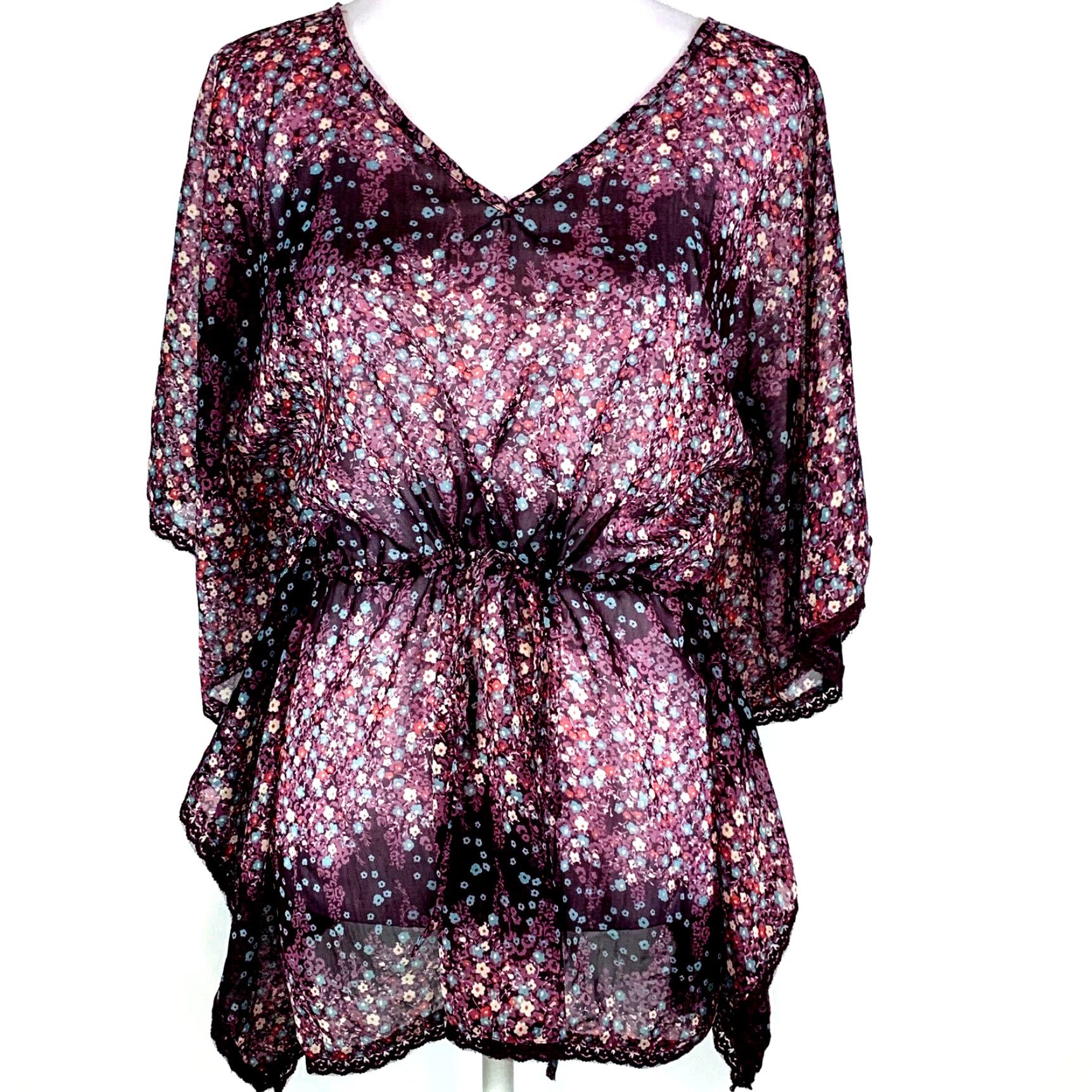 Decree Decree Blouse Shirt Tunic Womens M Floral Sheer Butterfly Sleeves Multicolor Dolman Sleeve Casual Knit Polyester Top Size M / US 6-8 / IT 42-44 - 2 Thumbnail