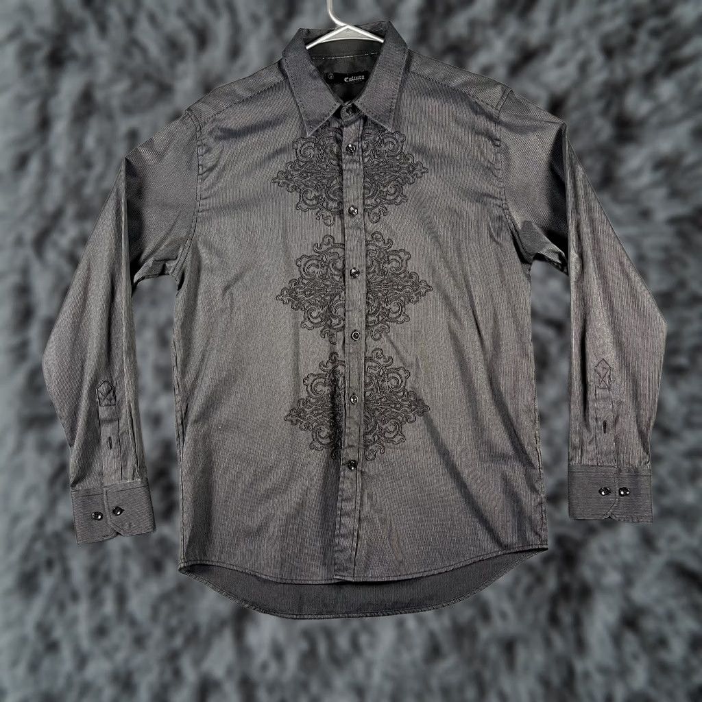 Vintage Cultura Shirt Mens Large Black Embroidered Dress Button Up Long Sleeve Size 42R - 1 Thumbnail
