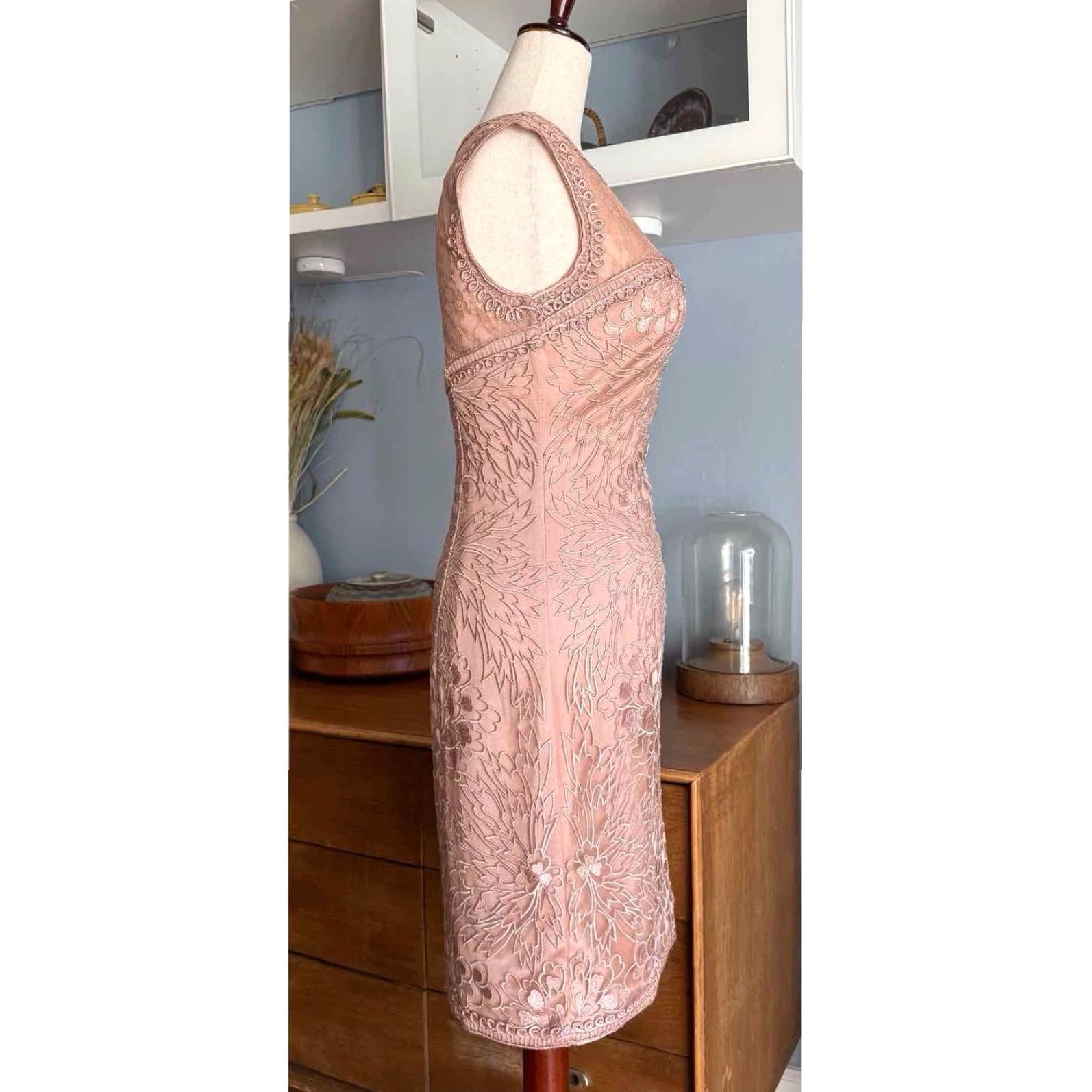 Vintage Sue Wong Sheath Dress Sandalwood Cocktail Party Sz 2 Pink Nylon Lace Knee Length Sandalwood Women Size XS / US 0-2 / IT 36-38 - 3 Thumbnail