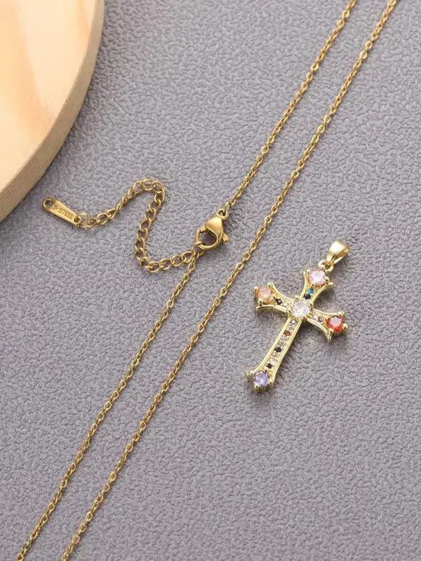 Jewelry × Vintage Retro Punk Stainless Cross Rhinestone Pendant Gold Size ONE SIZE - 3 Thumbnail