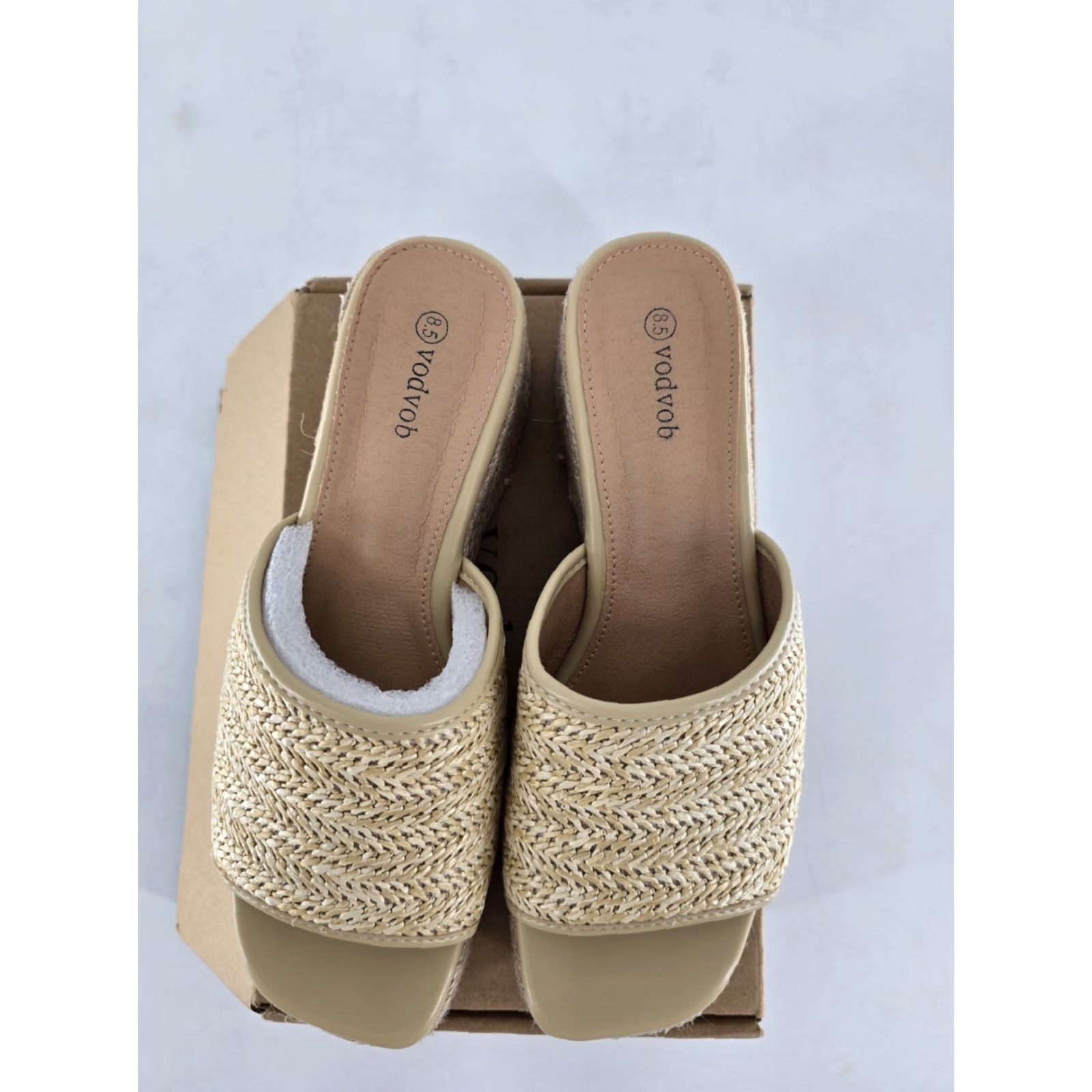Vintage Vodbob Chunky Platform Thong Sandal Sz 8.5 Tan Woven Open Toe Mid Wedge Heel - Beige Sandal Women Sz 8.5 Size US 9 / IT 39 - 4 Thumbnail