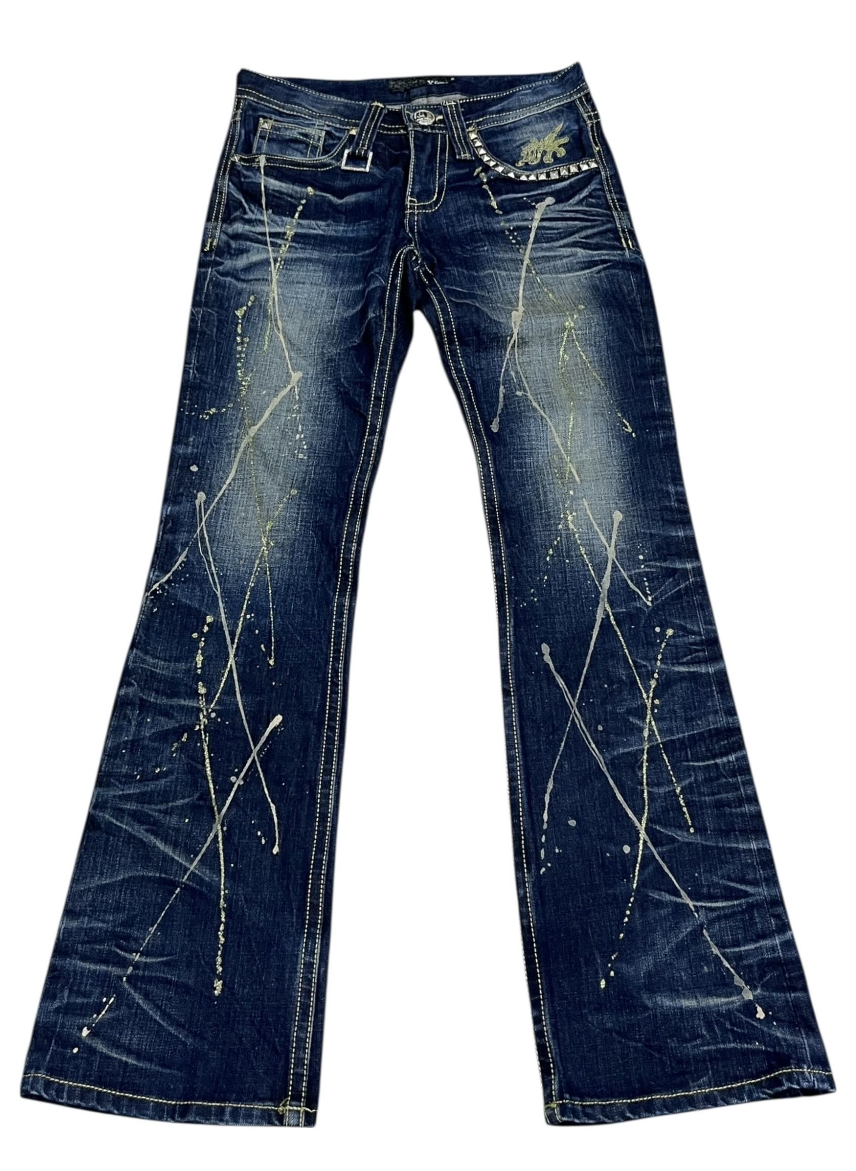 Japanese Brand 🔥RARE XFRM Gold Splatter Studded Flare Rockstar Denim Size US 27 - 3 Thumbnail