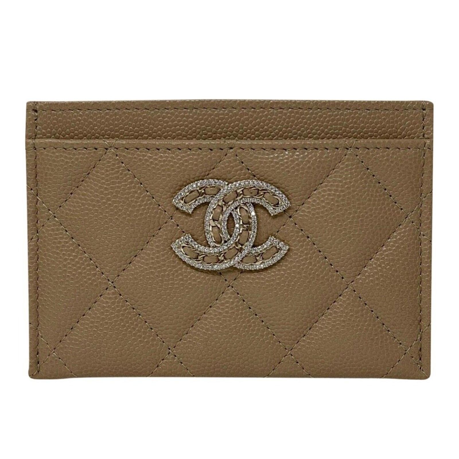 Auth BNIB Chanel Crystal Beige Flat Card Holder Wallet 22S