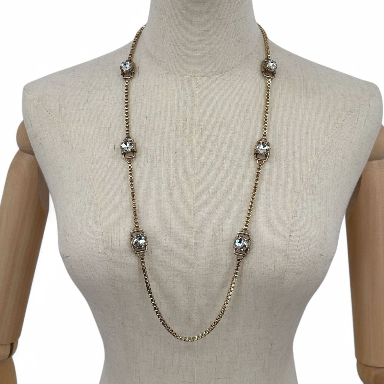 Ann Taylor Ann Taylor Long Necklace Gold Tone Box Chain and Rhinestone Size ONE SIZE - 1 Thumbnail