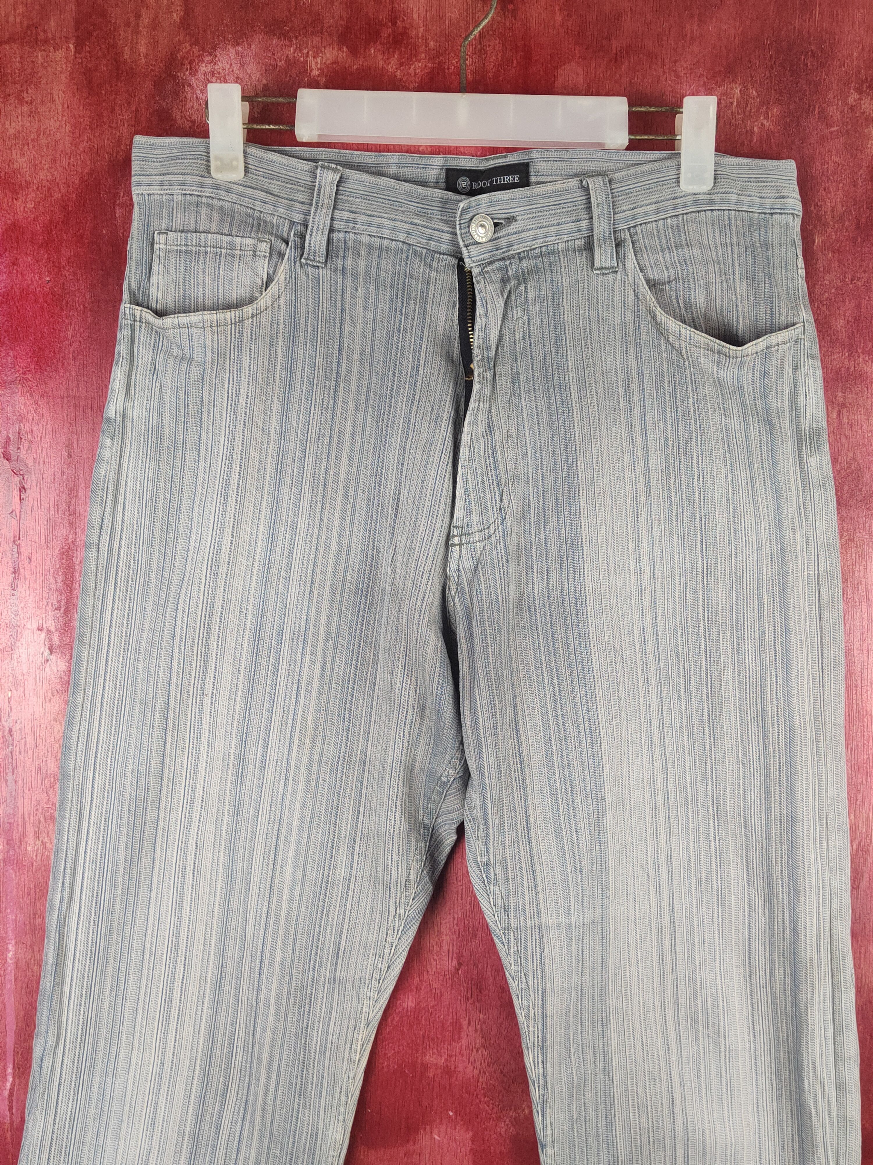 Japanese Brand Root Three Blue White Stripe Distressed Ripped Jeans #S2371 Size US 32 / EU 48 - 2 Thumbnail