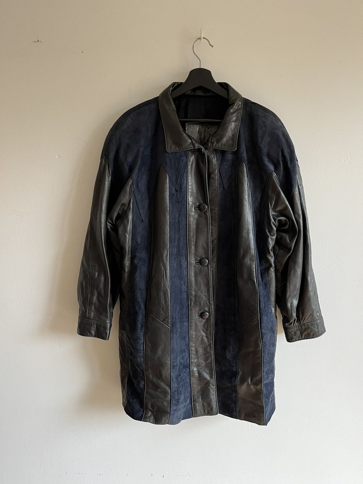 Genuine Leather × Japanese Brand × Vintage LEATHER SUEDE STRIPED TRENCH COAT LONG JACKET WESTERN BIKER Size M / US 6-8 / IT 42-44 - 1 Thumbnail