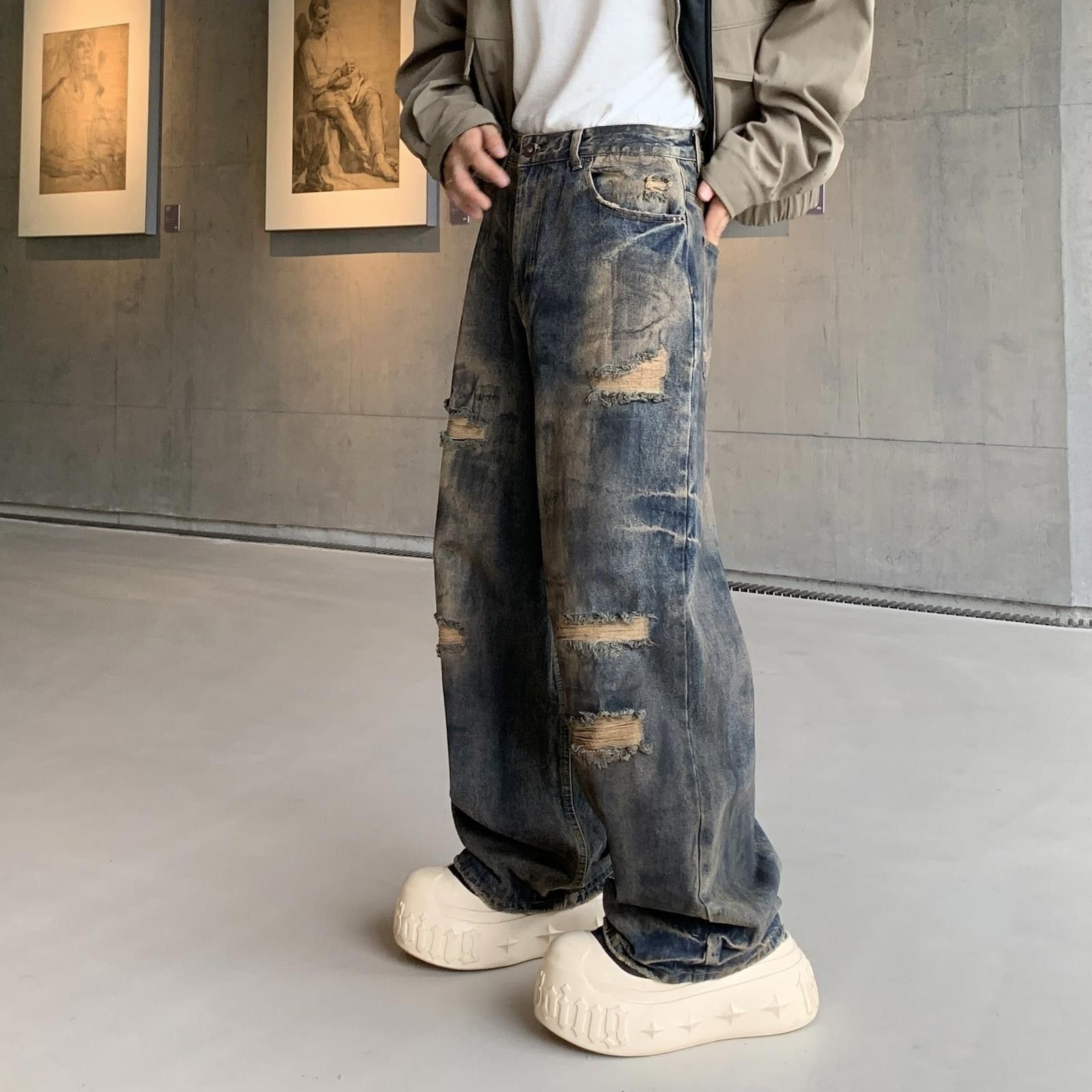 Vintage Distressed Wide Leg Denim Jeans, Baggy Fit Jeans Size US 30 / EU 46 - 3 Thumbnail