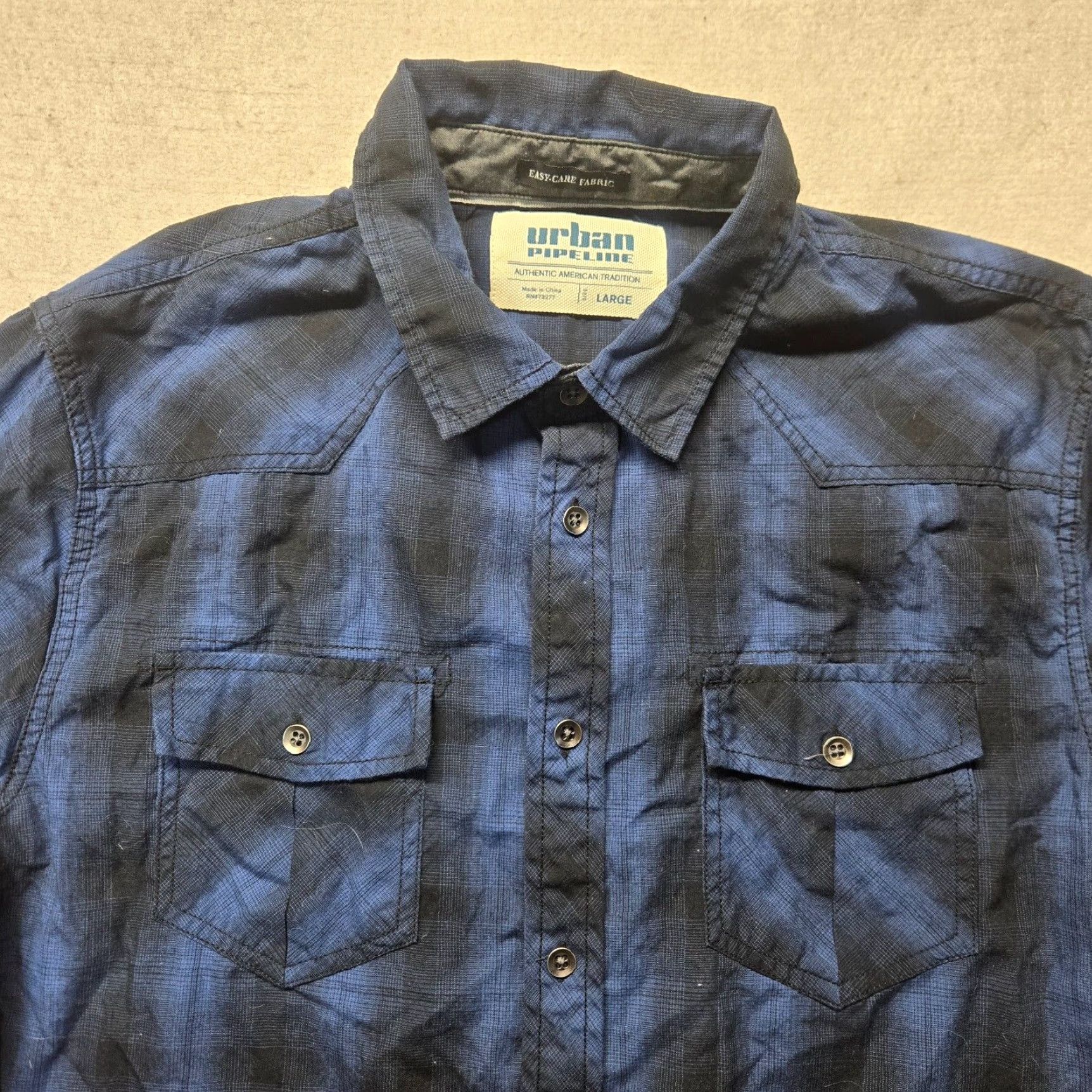 Vintage Urban Pipeline Button Up Shirt Blue Black Plaid Adult L Regular Cotton Mens Size US L / EU 52-54 / 3 - 2 Thumbnail