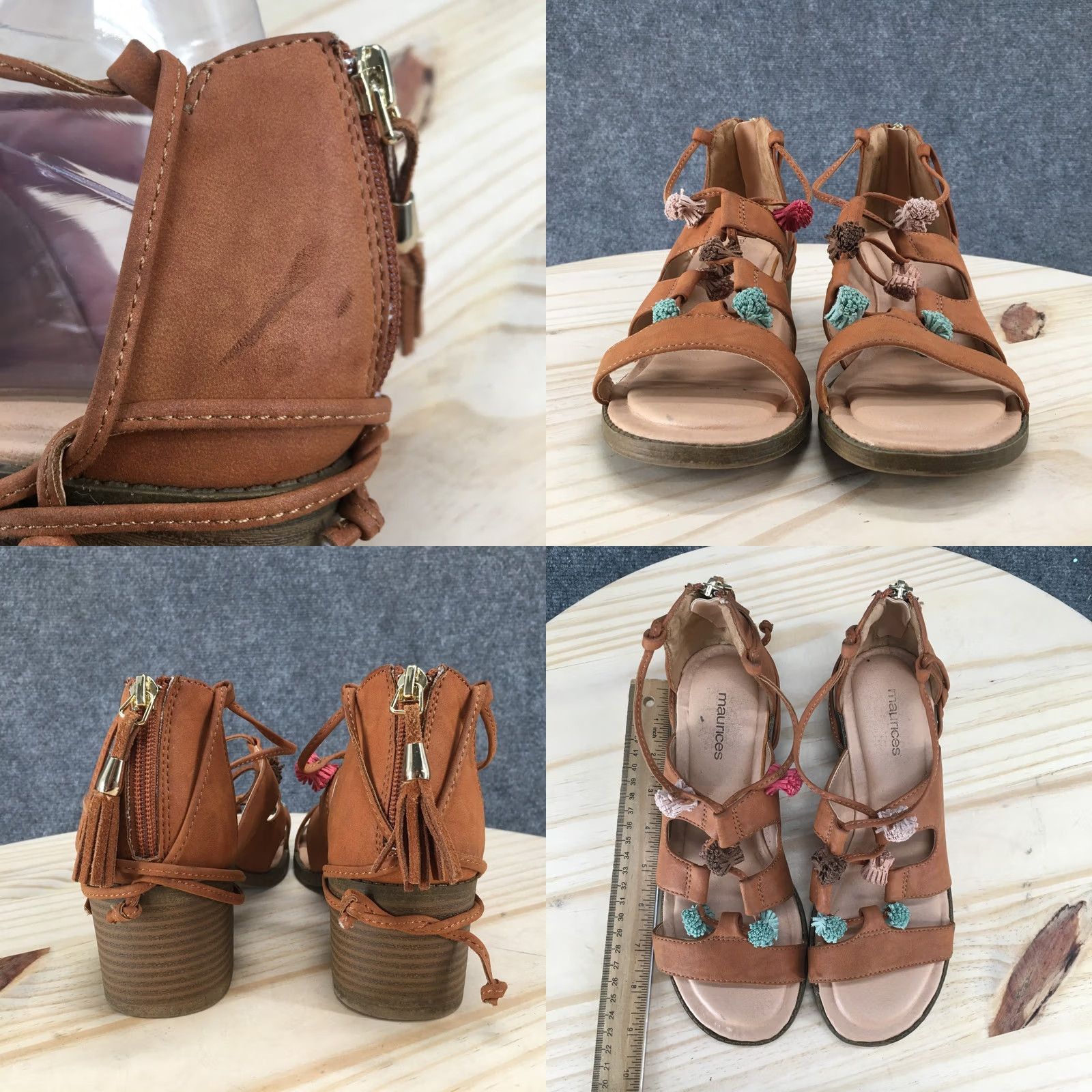 Vintage Maurices Ember Sandals Womens 8 M Brown Strappy Back Zip Tassel Block Heels Size US 8 / IT 38 - 8 Thumbnail