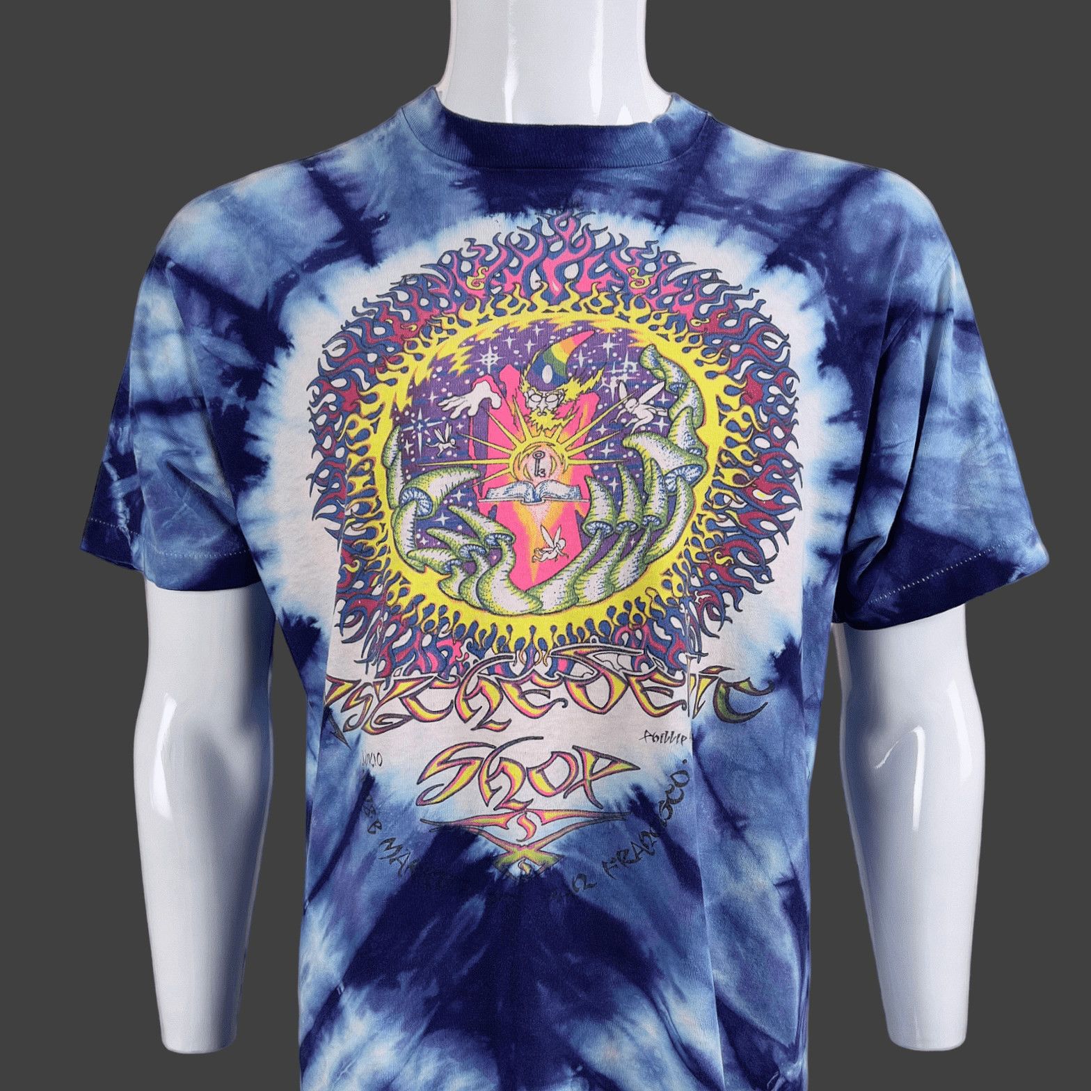 image of 90's Mikio Phillip Brown Psychedelic Shop T-Shirt 21.5" X 29", Men's (Size Medium)