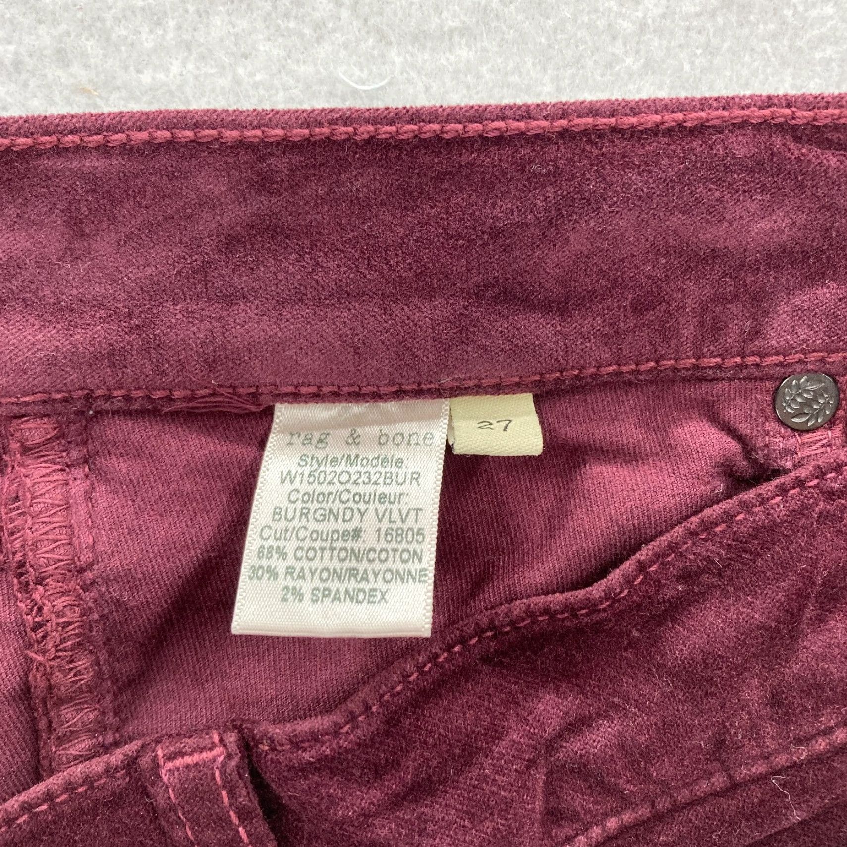 Rag & Bone rag & bone Women's Pants 27 Burgundy Red Velvet Stretch Skinny Leg Flat Front Low Rise Cotton Rayon Spandex Size 27" / US 4 / IT 40 - 5 Thumbnail