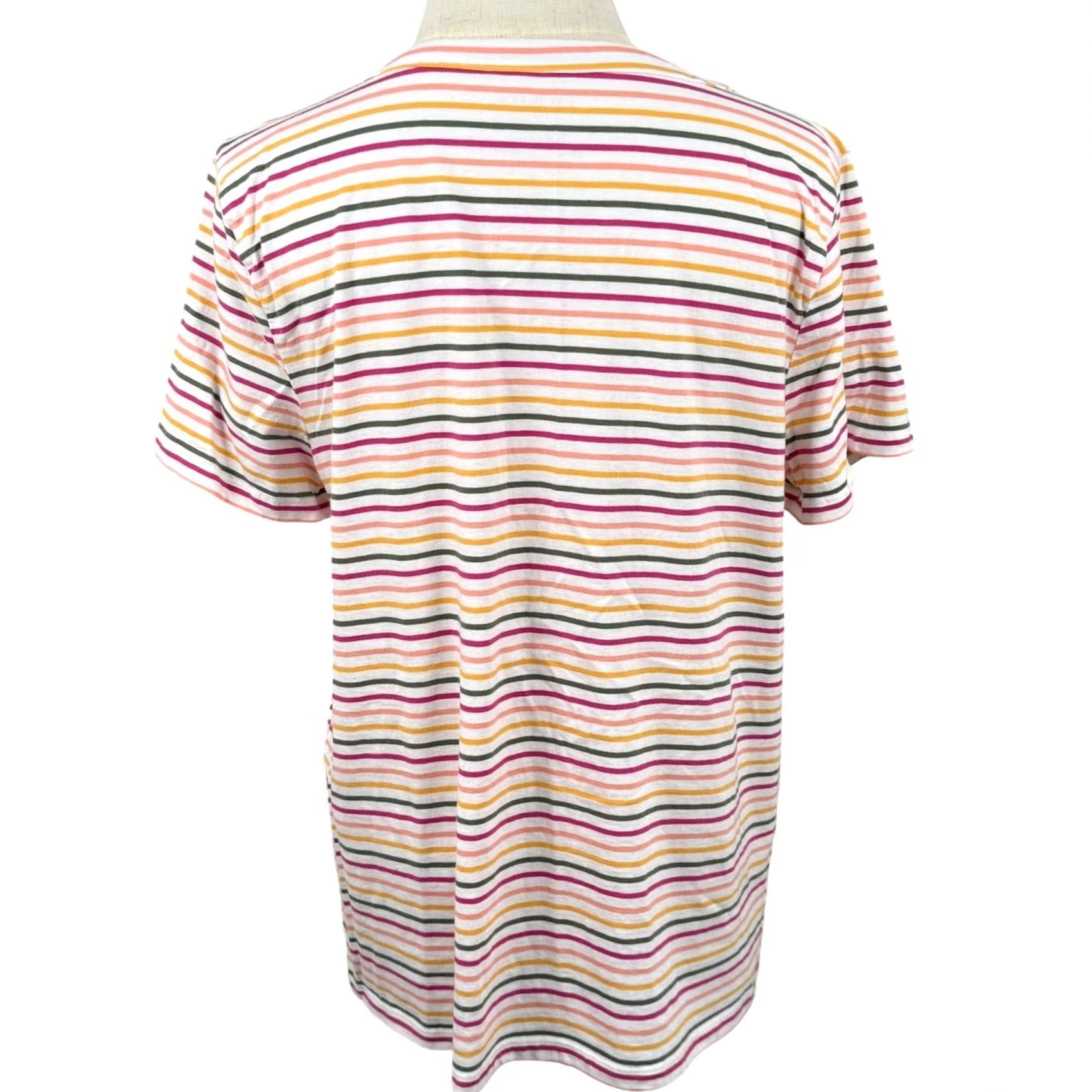 Talbots Talbots L Top Colorful Rainbow Striped Pom Notch V Neck Cotton Coastal EUC Size L / US 10 / IT 46 - 4 Thumbnail