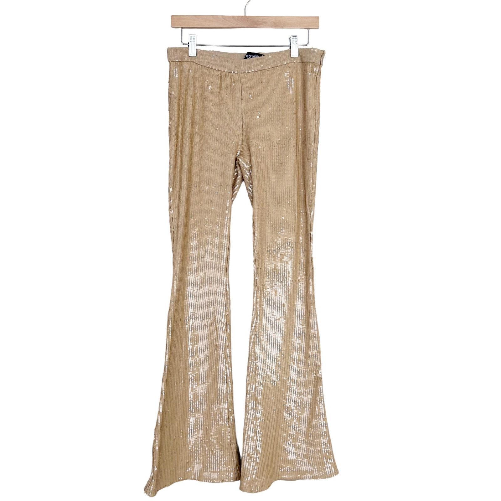 Retrofete Julien Tan Sequin Flare Leg Pants Sz M