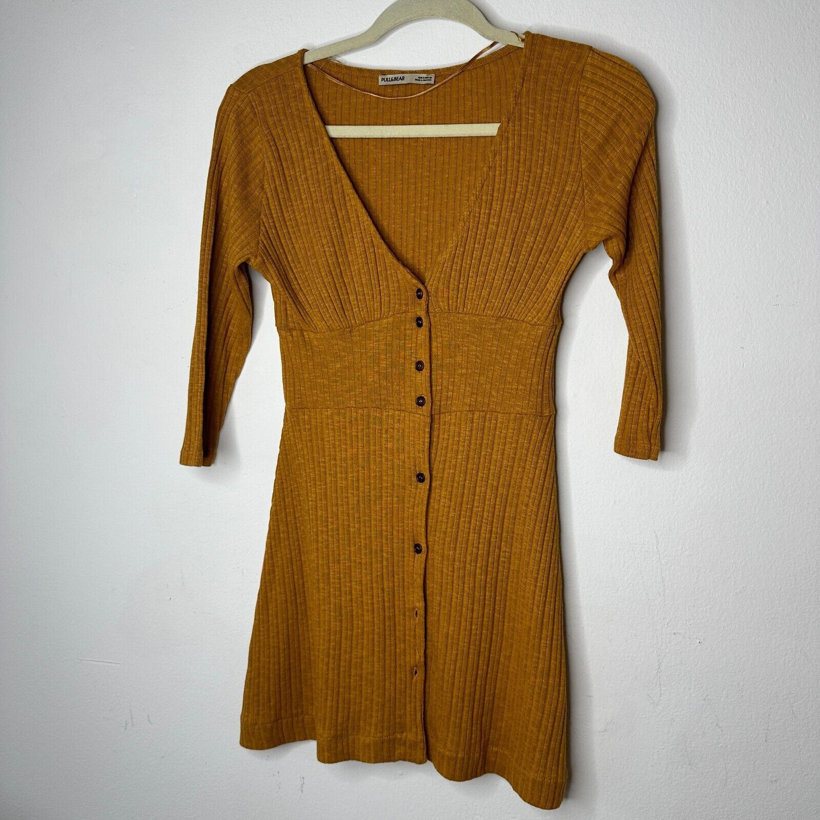 Pull & Bear Pull & Bear Golden Rib Long Sleeve VNeck Button Mini Dress S Size S / US 4 / IT 40 - 12 Thumbnail