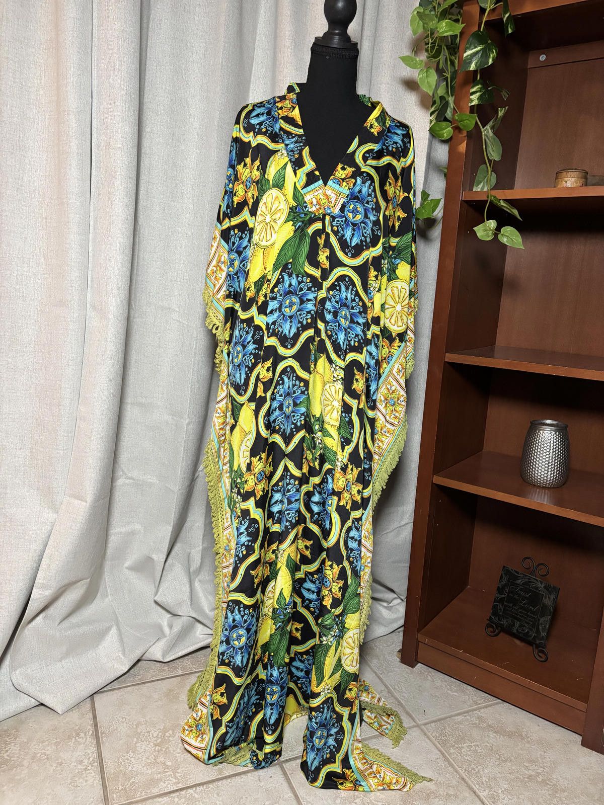 Other Bohemian Style Long Floral Print Kaftan Dress with Fringe Size ONE SIZE - 2 Thumbnail